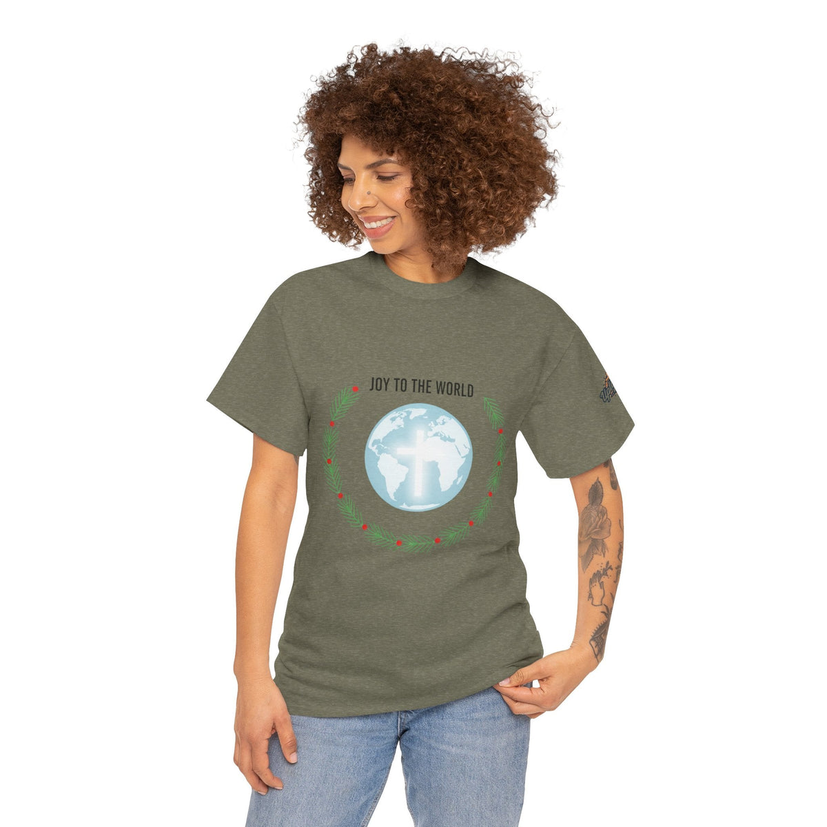 Joy to the World T-shirt – Wreath Earth Nativity Christian Christmas T-shirt for Isaiah 9:6 Holiday Faith & Festive Joy Printify