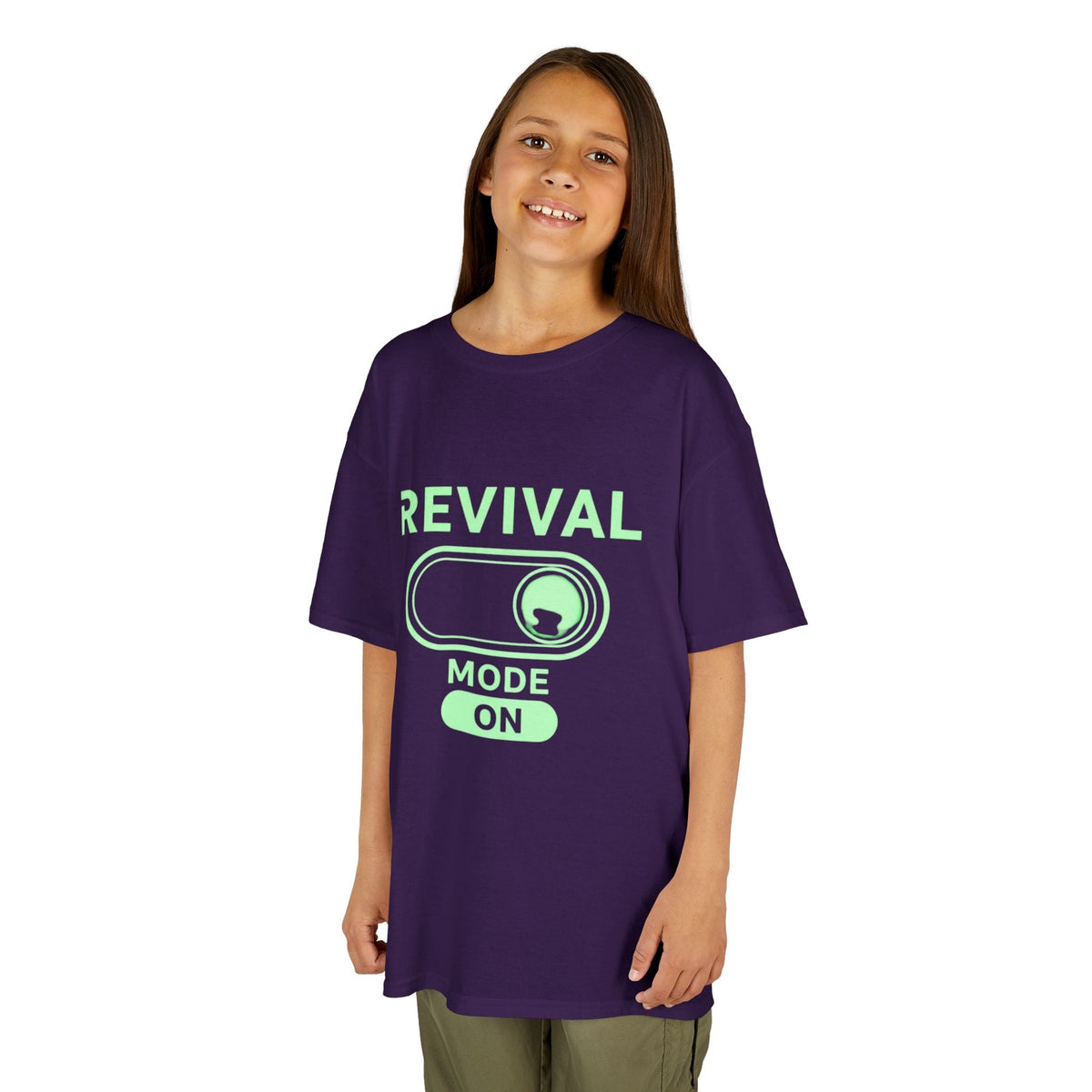 🔥 Revival Mode: ON – Christian Techwear Kids T-Shirt | Glowing Green Faith Switch | Futuristic Jesus Shirt | Activate Your Spiritual Awakening | Uplifted Gear Printify