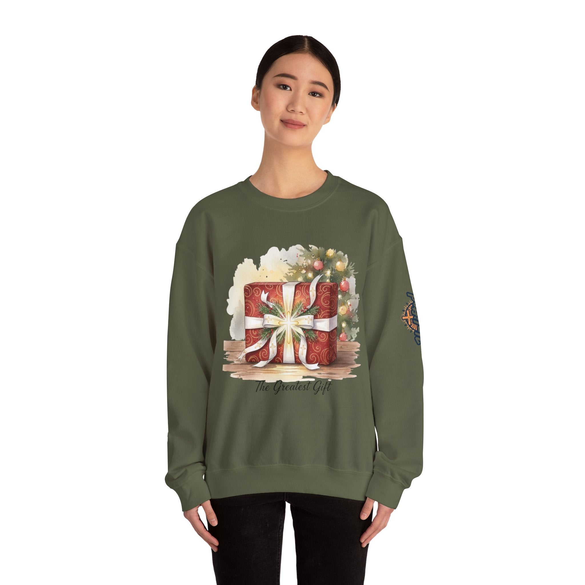 The Greatest Gift Sweatshirt – Cross Bow Present Christian Sweatshirt for Christmas Salvation & Eternal Faith Printify