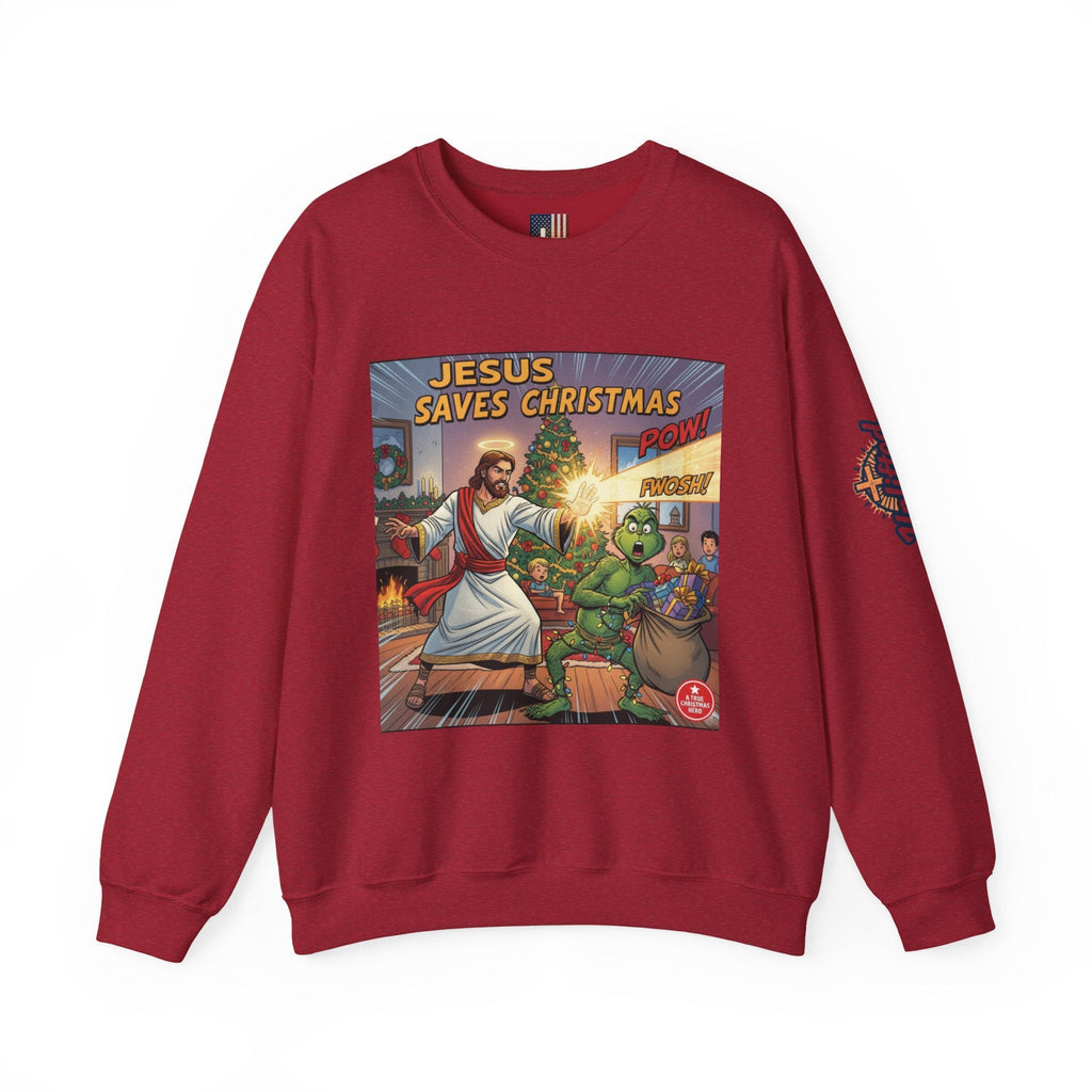 Jesus Saves Christmas Sweatshirt – Grinch vs Savior Light Battle Christian Sweatshirt for Hilarious Holiday Faith & True Joy Printify
