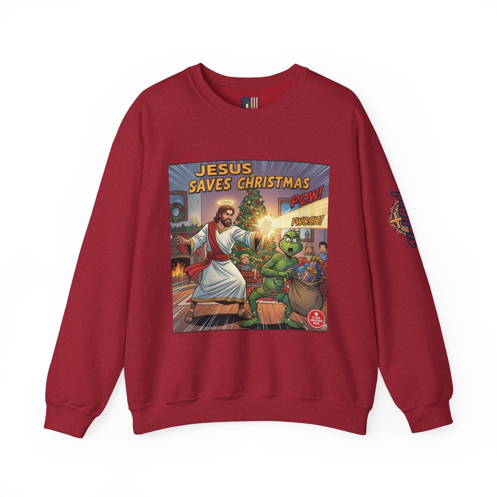 Jesus Saves Christmas Sweatshirt – Grinch vs Savior Light Battle Christian Sweatshirt for Hilarious Holiday Faith & True Joy Printify