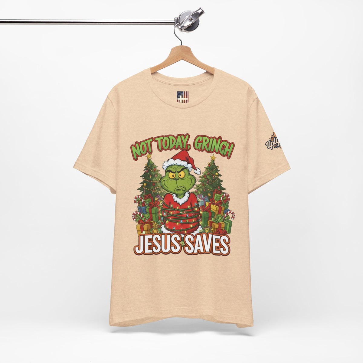 🎄 Not Today, Grinch – Jesus Saves | Funny Christian Christmas T-Shirt | Sulking Grinch & Glowing Cross | Bold Neon Faith Tee by Uplifted Gear Printify