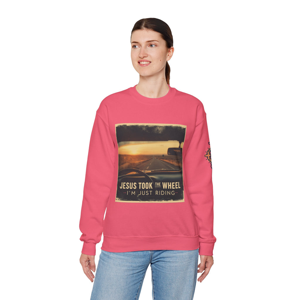Jesus Took the Wheel I'm Just Riding Sweatshirt – Funny Christian Convertible Car Sweatshirt for Surrendered Faith & Humor