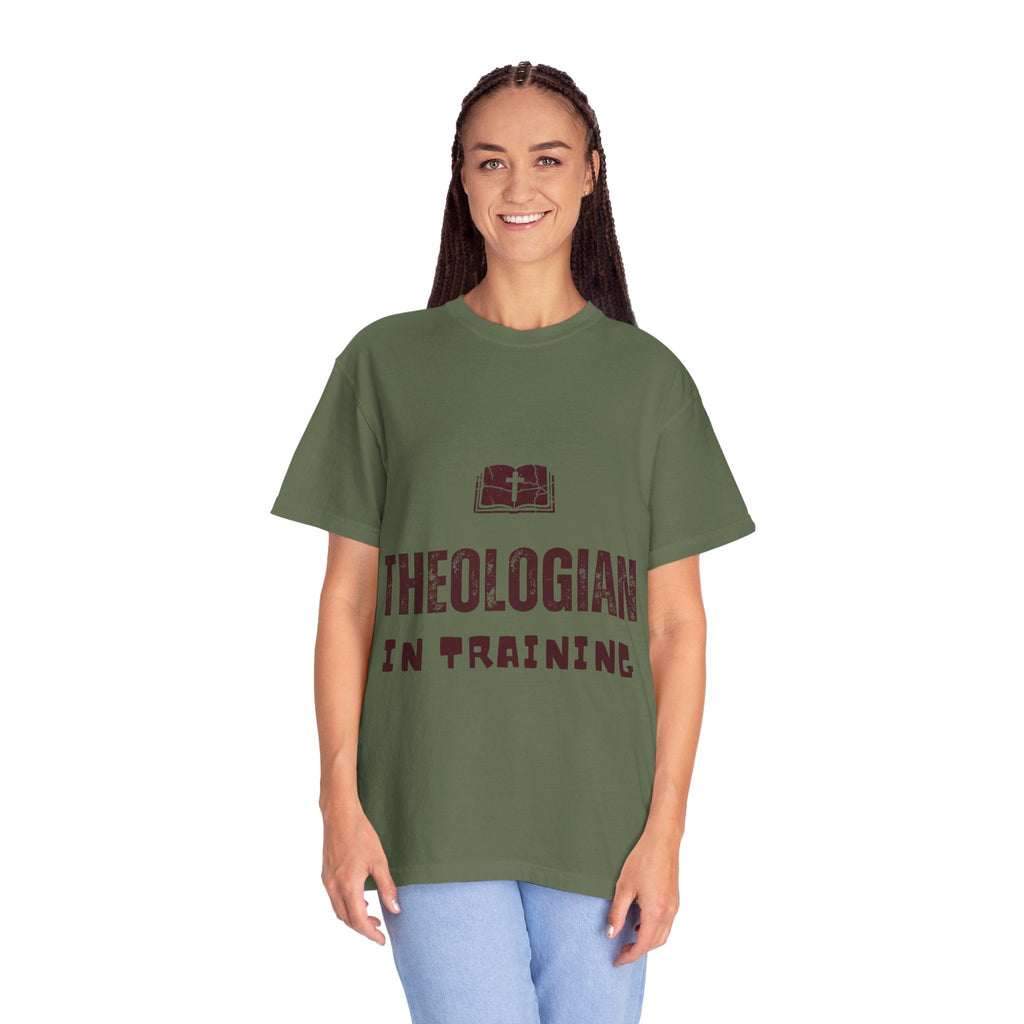 Theologian in Training T-Shirt – Open Bible & Cross Christian Tee for Faithful Learners Printify