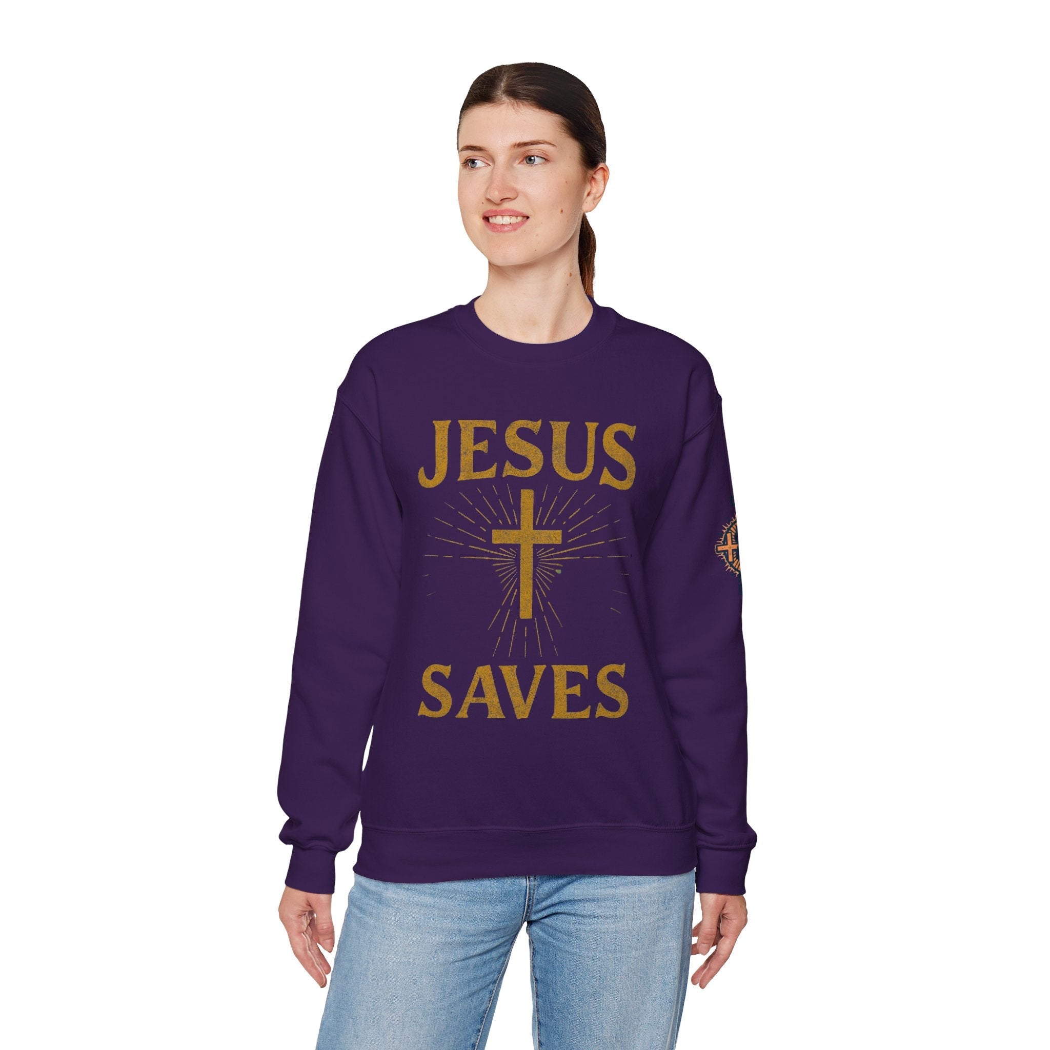 Jesus Saves Sweatshirt – Radiant Cross & Rays of Light Christian Sweatshirt for Eternal Hope & Faith Printify