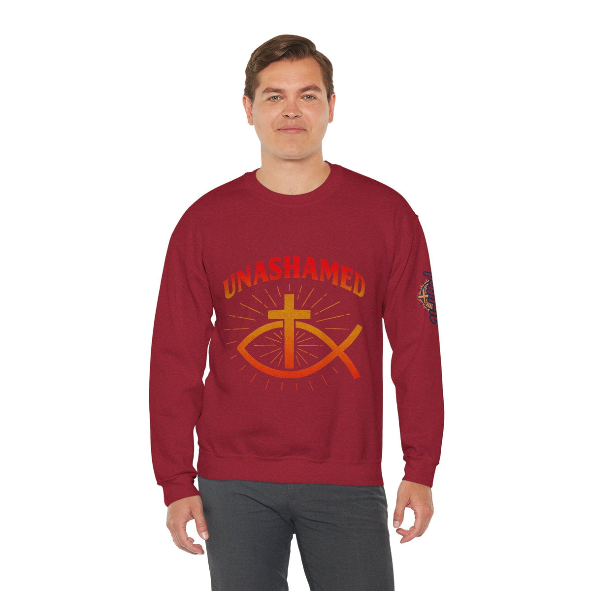 Unashamed Sweatshirt – Ichthys Jesus Fish & Cross Christian Sweatshirt for Romans 1:16 Bold Faith Printify