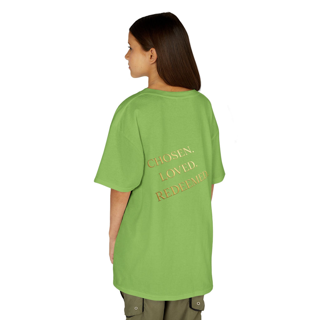 ✨ Chosen. Loved. Redeemed. – Elegant Christian Kids T-Shirt | Gold Foil Faith Tee | Subtle Cross & Heart Design | Inspirational Bible Verse Apparel by Uplifted Gear Printify