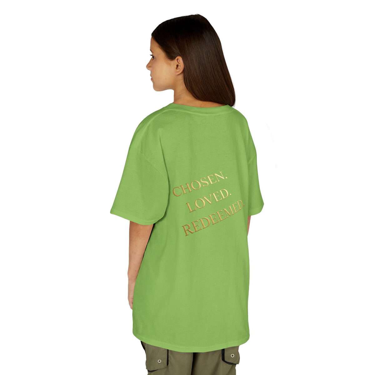 ✨ Chosen. Loved. Redeemed. – Elegant Christian Kids T-Shirt | Gold Foil Faith Tee | Subtle Cross & Heart Design | Inspirational Bible Verse Apparel by Uplifted Gear Printify