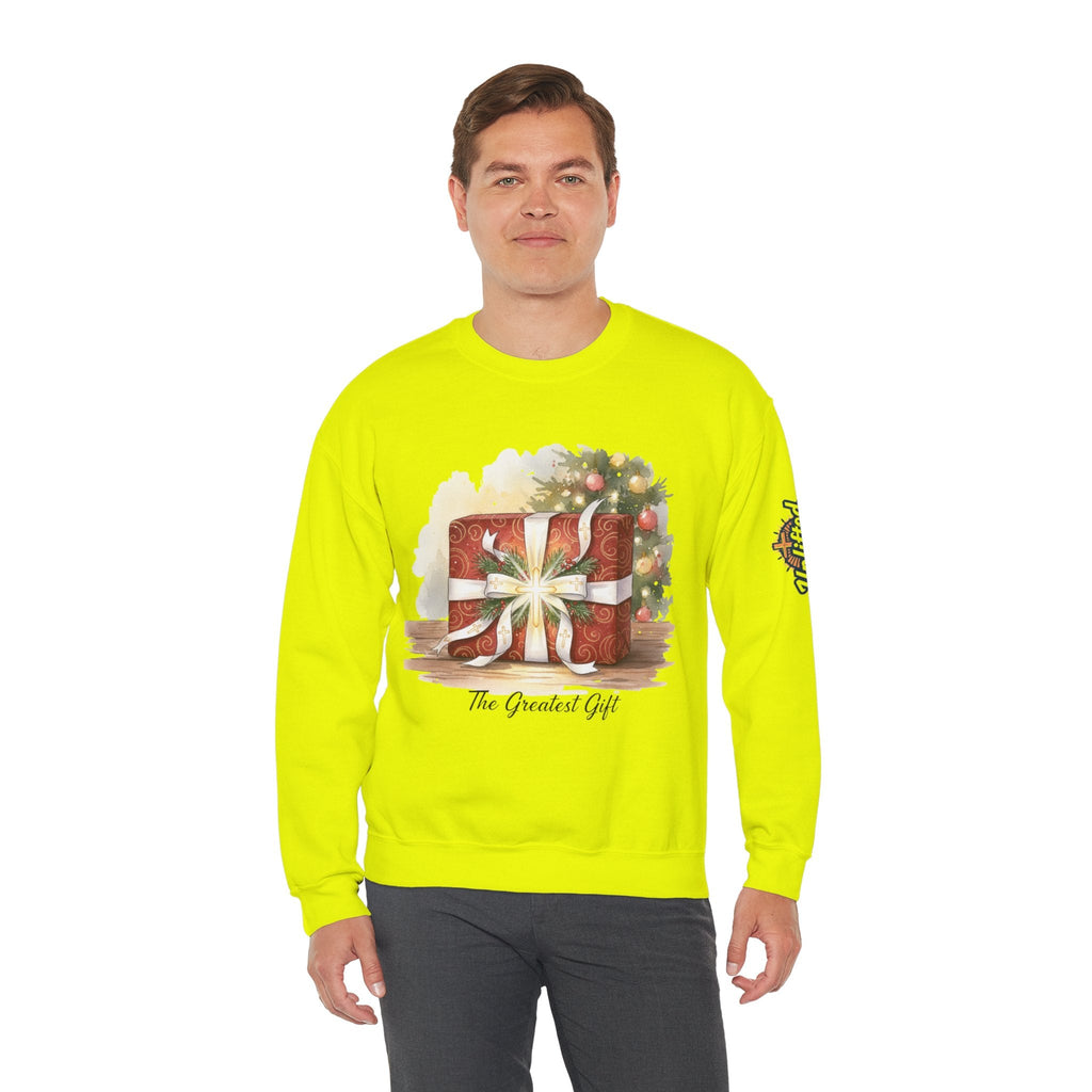 The Greatest Gift Sweatshirt – Cross Bow Present Christian Sweatshirt for Christmas Salvation & Eternal Faith Printify