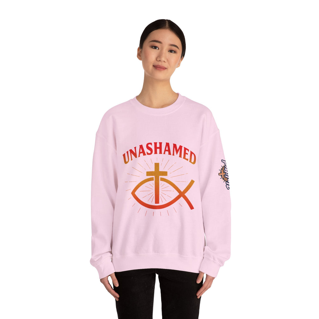 Unashamed Sweatshirt – Ichthys Jesus Fish & Cross Christian Sweatshirt for Romans 1:16 Bold Faith Printify
