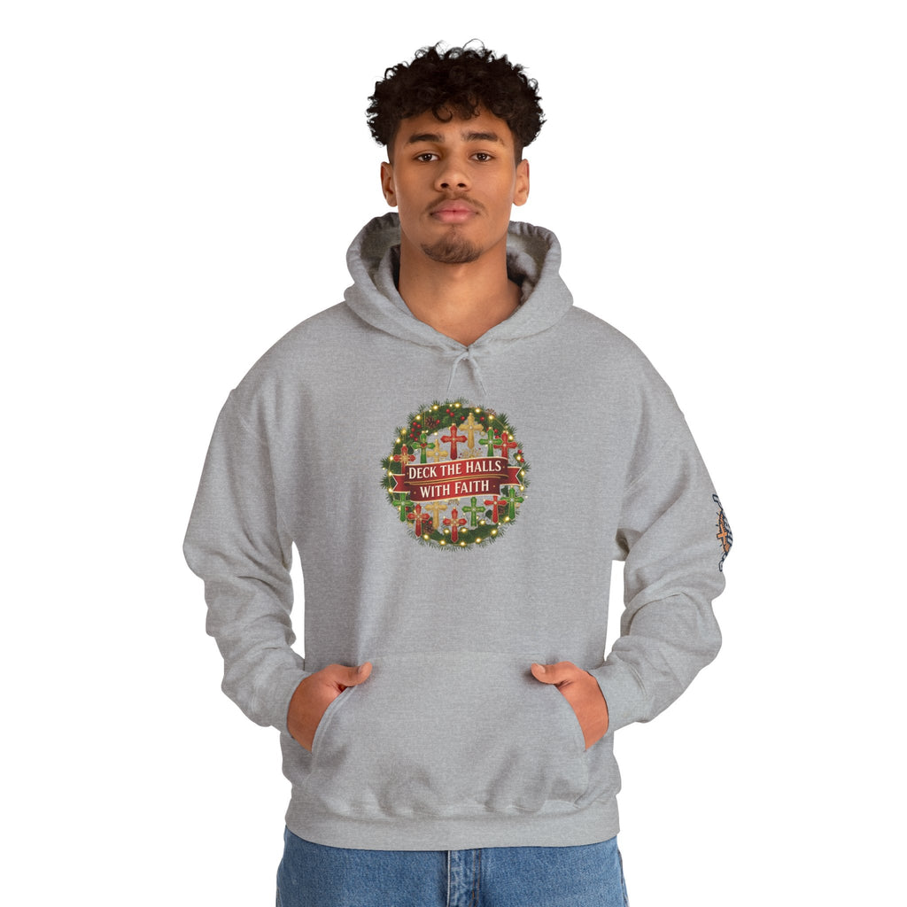 🎄 Deck the Halls with Faith – Christian Christmas Hoodie | Cross Ornament Design & Festive Garland | Bold Holiday Faith Tee by Uplifted Gear Printify