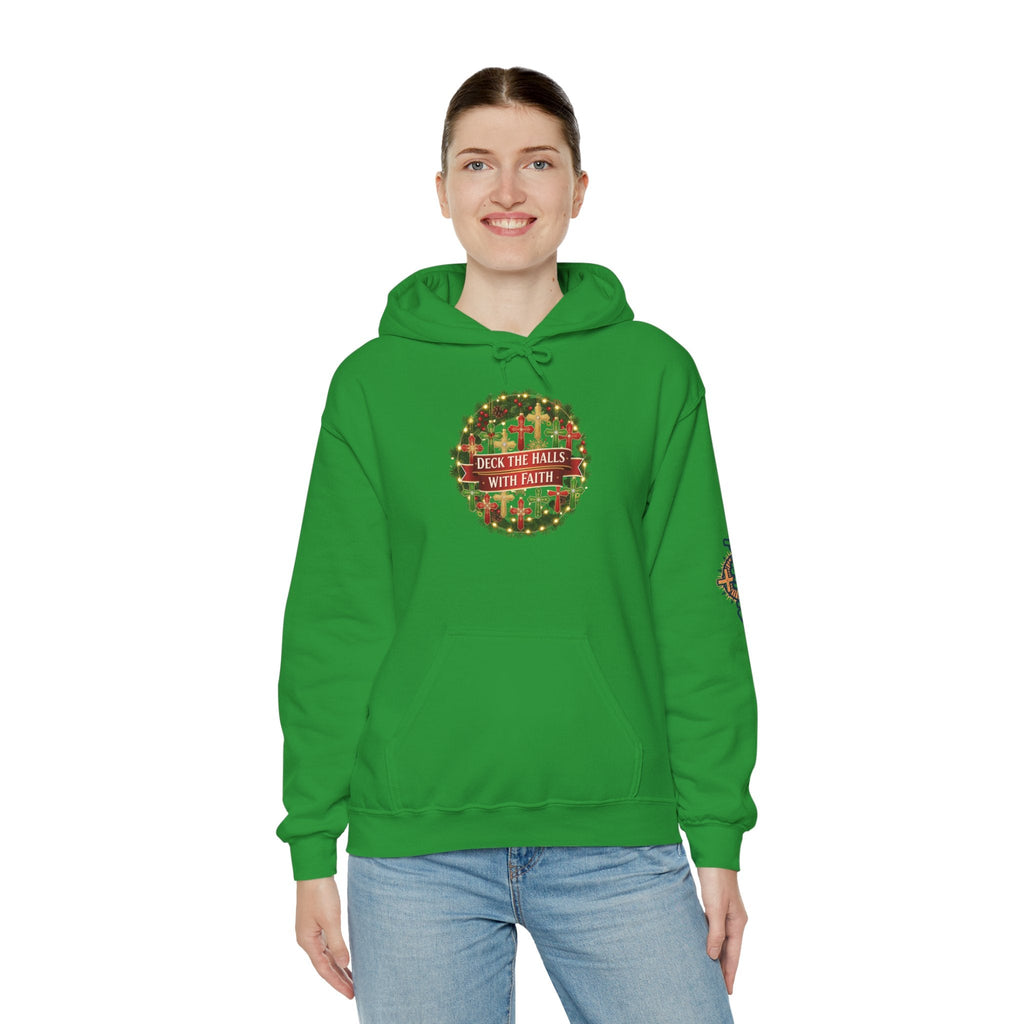 🎄 Deck the Halls with Faith – Christian Christmas Hoodie | Cross Ornament Design & Festive Garland | Bold Holiday Faith Tee by Uplifted Gear Printify
