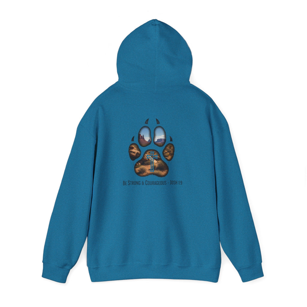 Strong and Courageous Hoodie – Joshua 1:9 Canine Pawprint Desert Christian Hoodie for Dog Lovers Printify