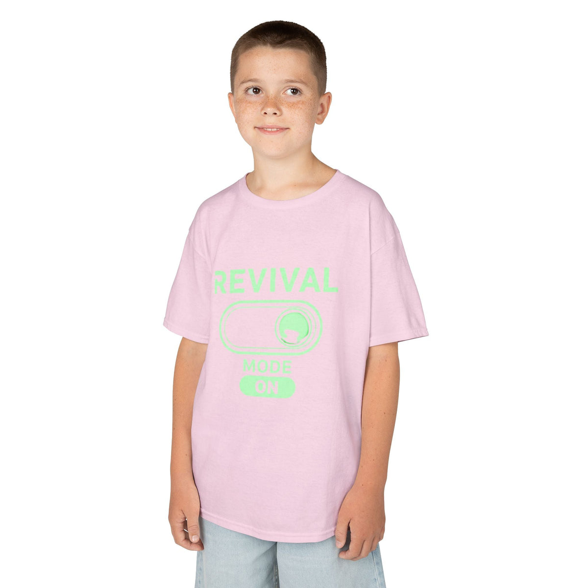 🔥 Revival Mode: ON – Christian Techwear Kids T-Shirt | Glowing Green Faith Switch | Futuristic Jesus Shirt | Activate Your Spiritual Awakening | Uplifted Gear Printify