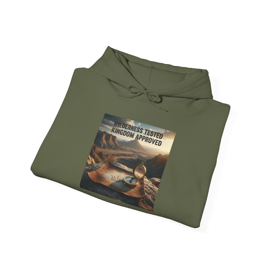 Wilderness Tested Kingdom Approved Hoodie – Mountain Desert Compass Crown Christian Sweatshirt for Biblical Adventure Faith Printify