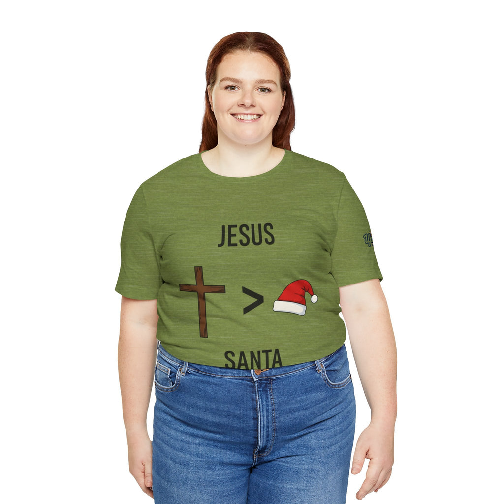 🎄 Jesus > Santa – Minimalist Christian Christmas T-Shirt | Bold Faith Over Holiday Tee | Cross vs Santa Hat Design | Uplifted Gear Printify