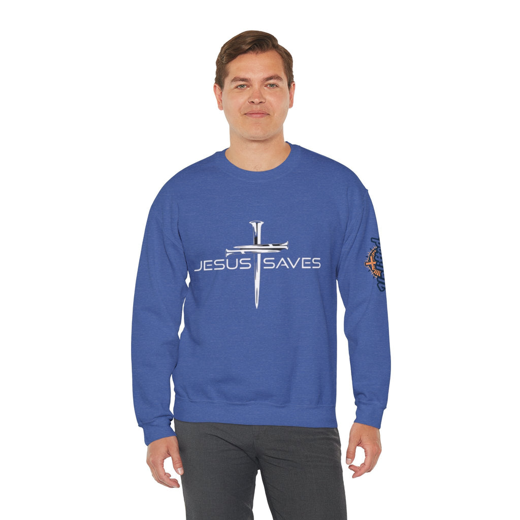 Jesus Saves Sweatshirt – 3 Nails Crucifix Cross Christian Sweatshirt for Redemption Faith & Bold Salvation Printify