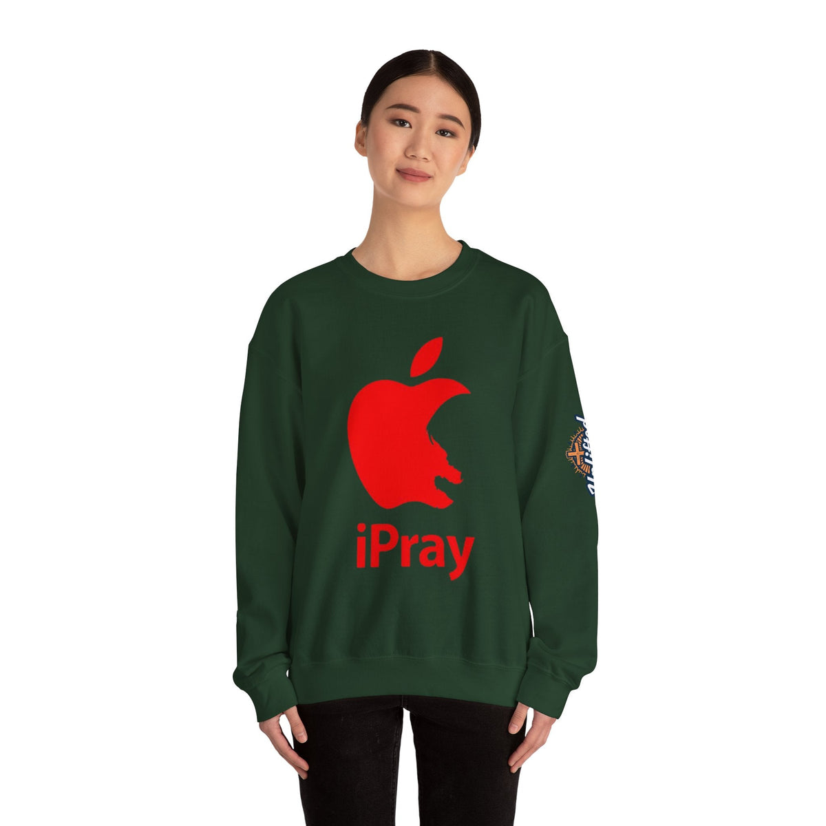 iPray Apple Logo Sweatshirt — Funny Christian Sweatshirt (Minimal Red Apple Graphic) Printify