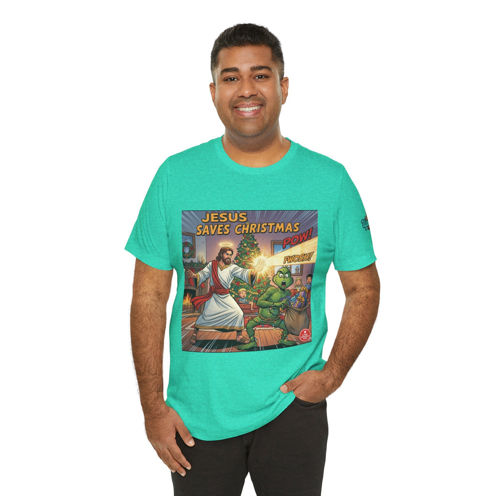 Jesus Saves Christmas T-shirt – Grinch vs Savior Light Battle Christian T-shirt for Hilarious Holiday Faith & True Joy Printify