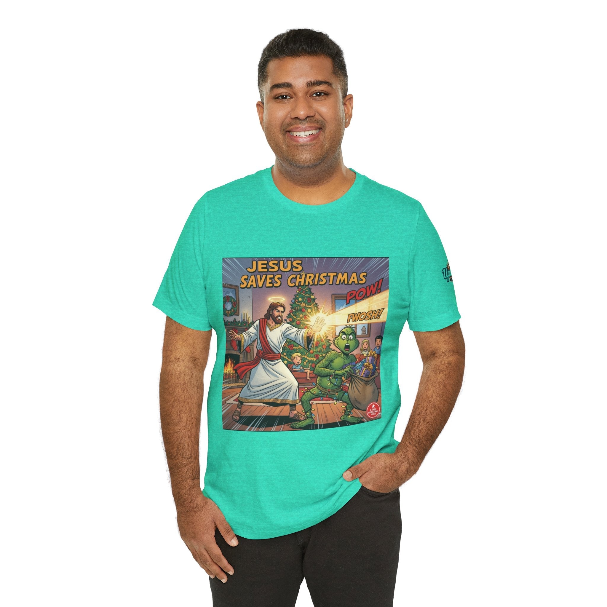 Jesus Saves Christmas T-shirt – Grinch vs Savior Light Battle Christian T-shirt for Hilarious Holiday Faith & True Joy Printify
