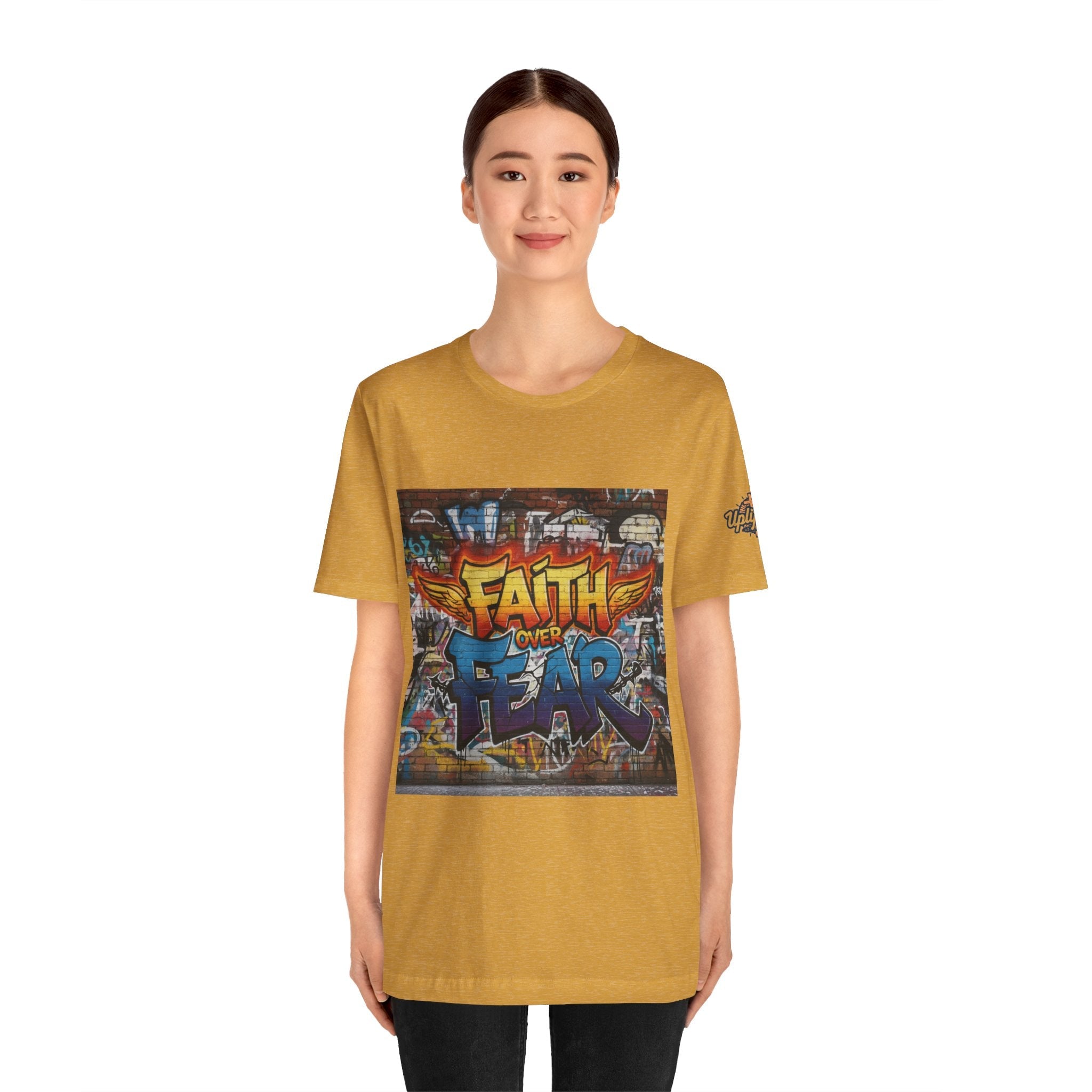Faith Over Fear T-shirt – Graffiti Wall Christian T-shirt for Bold 2 Corinthians 5:7 Streetwear & Unshakable Faith Printify