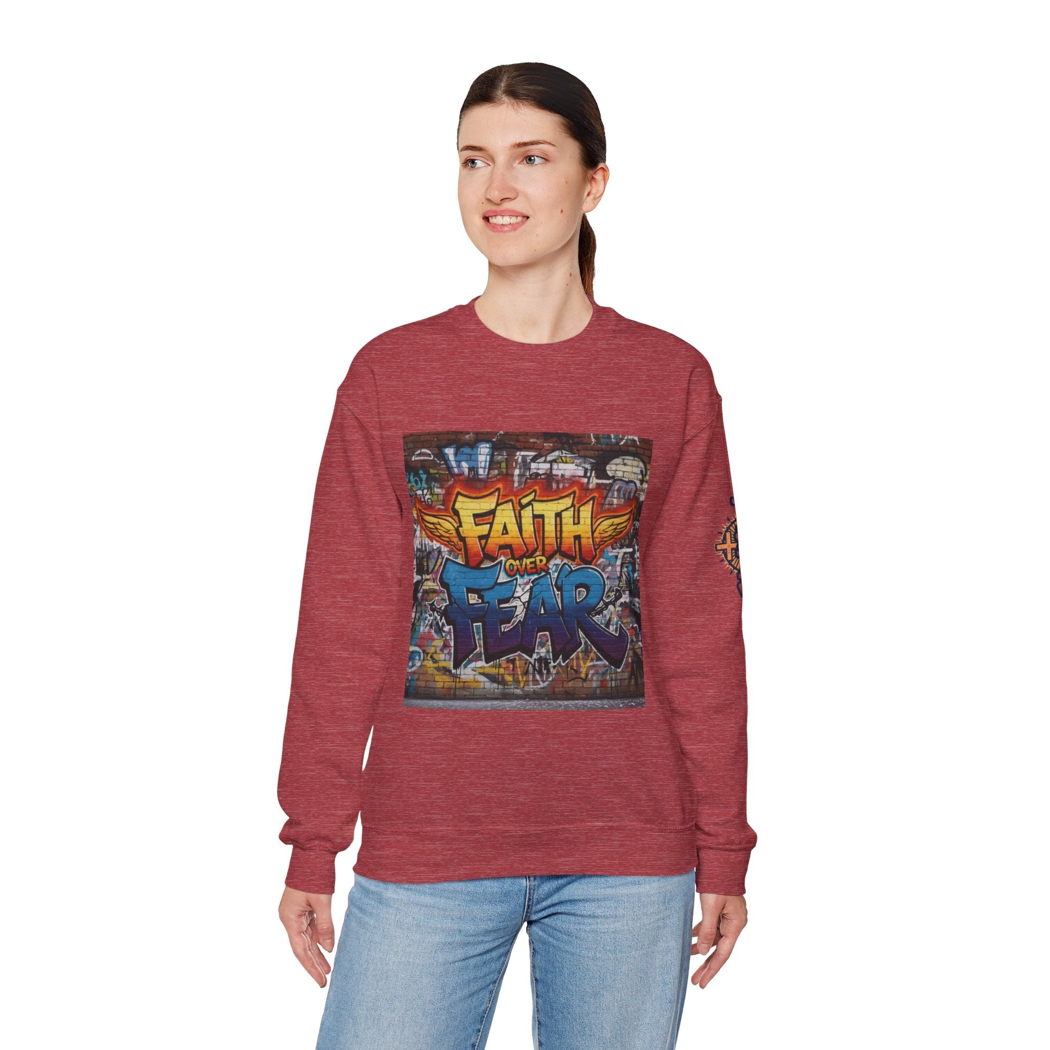 Faith Over Fear Sweatshirt – Graffiti Wall Christian Sweatshirt for Bold 2 Corinthians 5:7 Streetwear & Unshakable Faith Printify