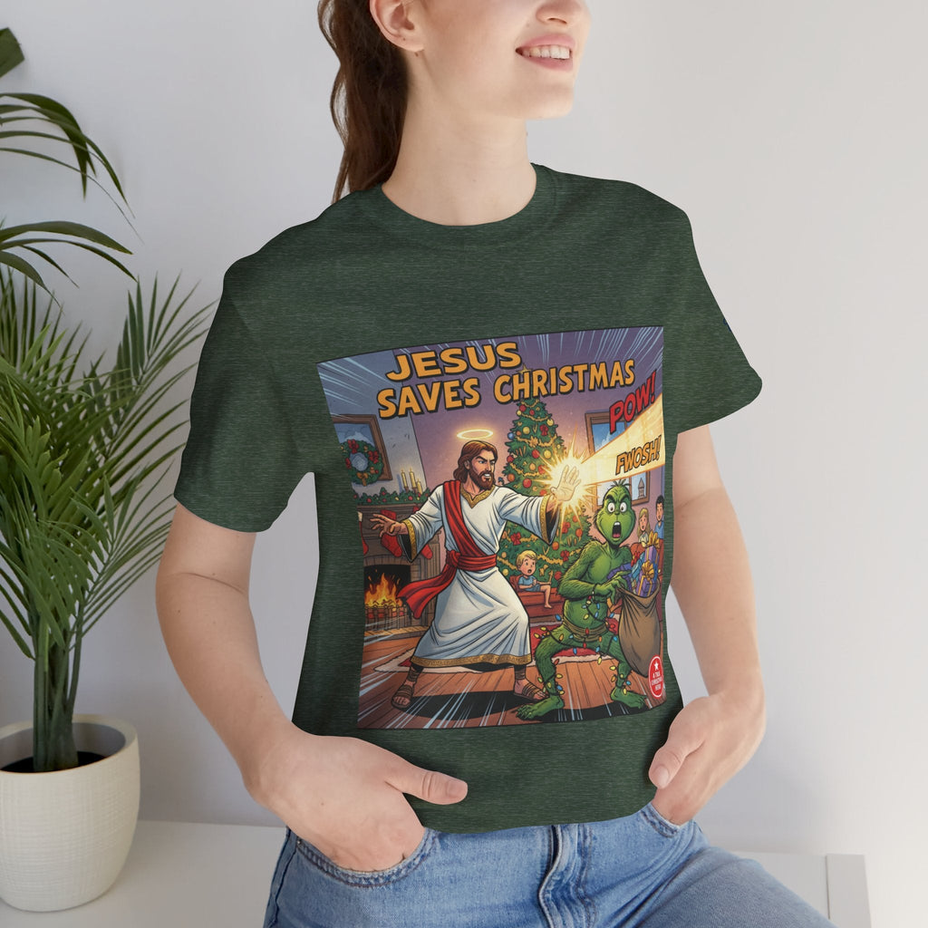 Jesus Saves Christmas T-shirt – Grinch vs Savior Light Battle Christian T-shirt for Hilarious Holiday Faith & True Joy Printify