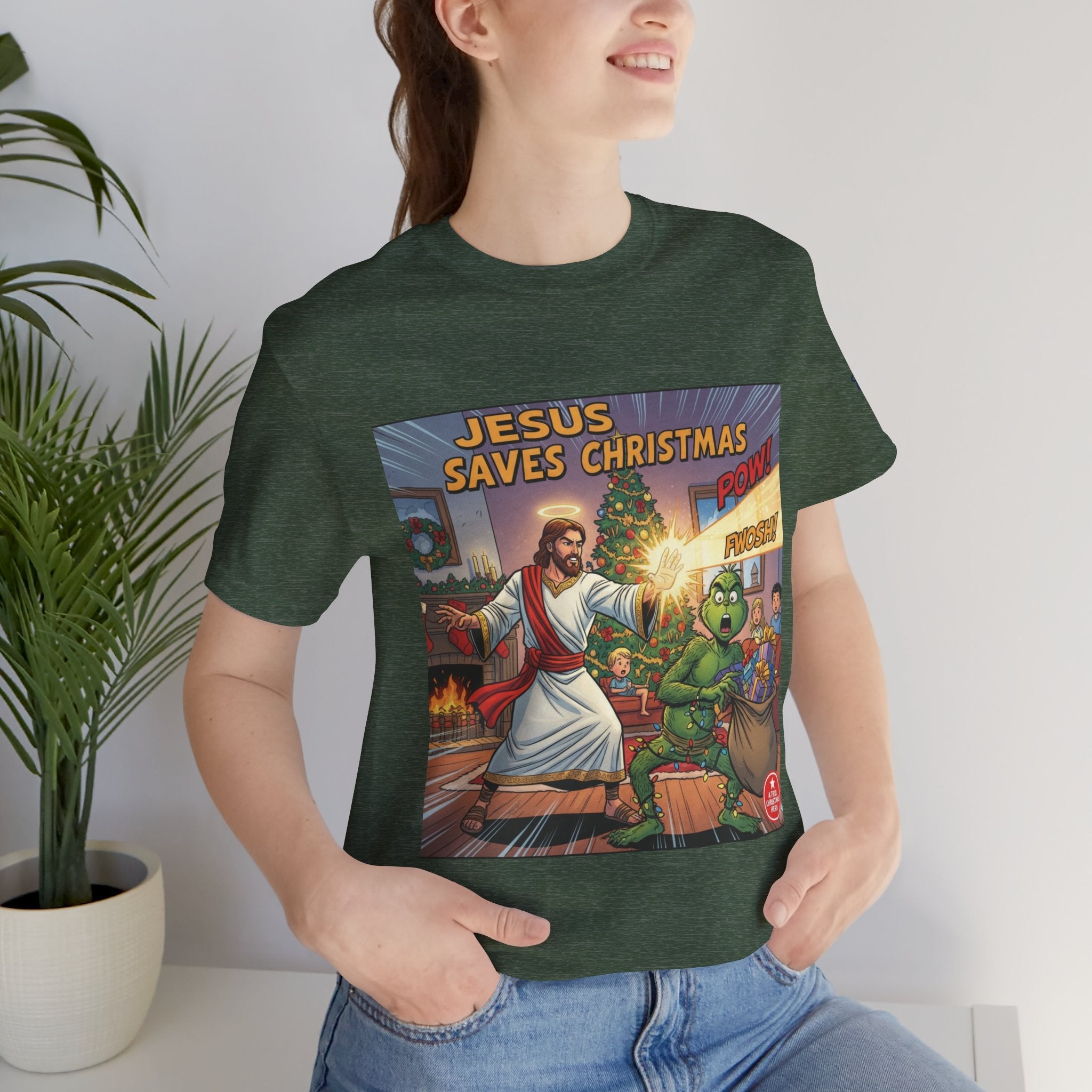 Jesus Saves Christmas T-shirt – Grinch vs Savior Light Battle Christian T-shirt for Hilarious Holiday Faith & True Joy Printify