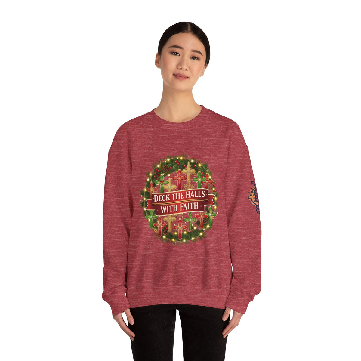🎄 Deck the Halls with Faith – Christian Christmas Sweatshirt | Cross Ornament Design & Festive Garland | Bold Holiday Faith Tee by Uplifted Gear Printify