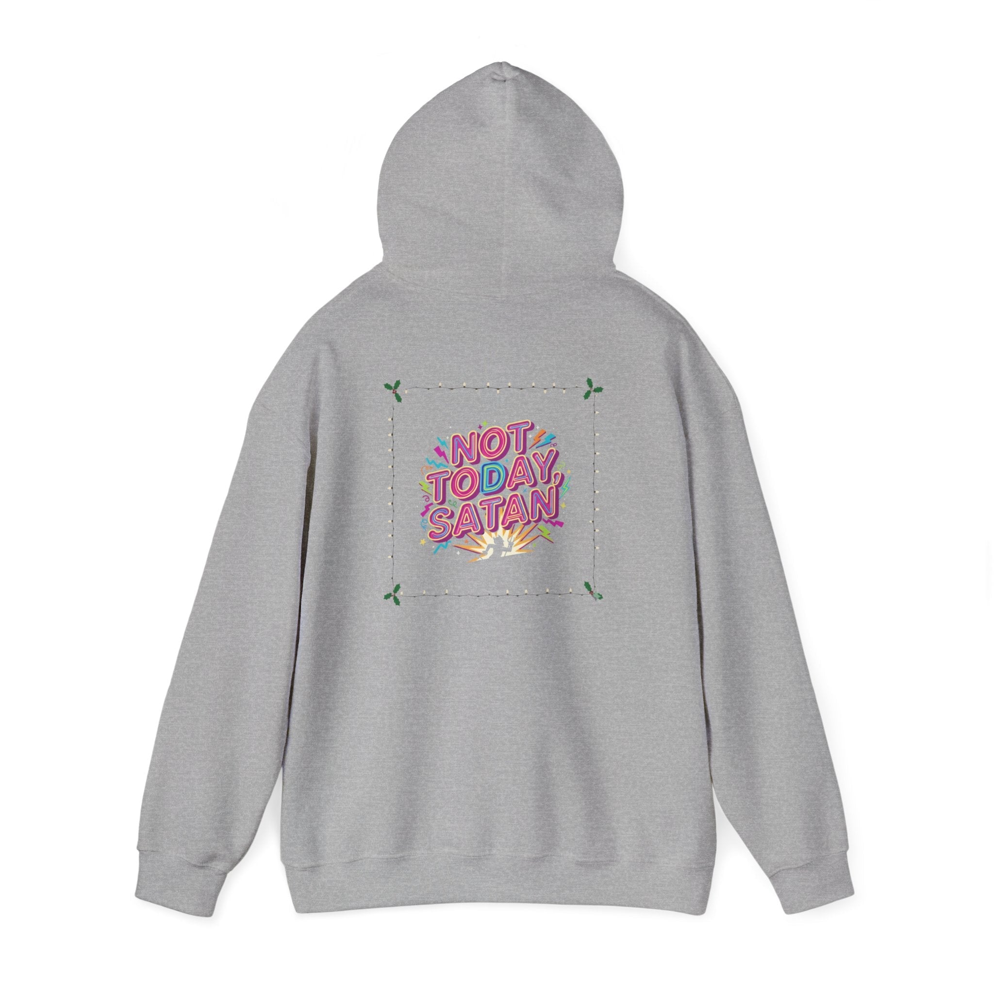 🔥 Not Today, Satan – Retro 90s Christian Hoodie | Neon Faith Tee | Funky Cartoon Devil | Bold Bible Verse Shirt | Uplifted Gear Printify