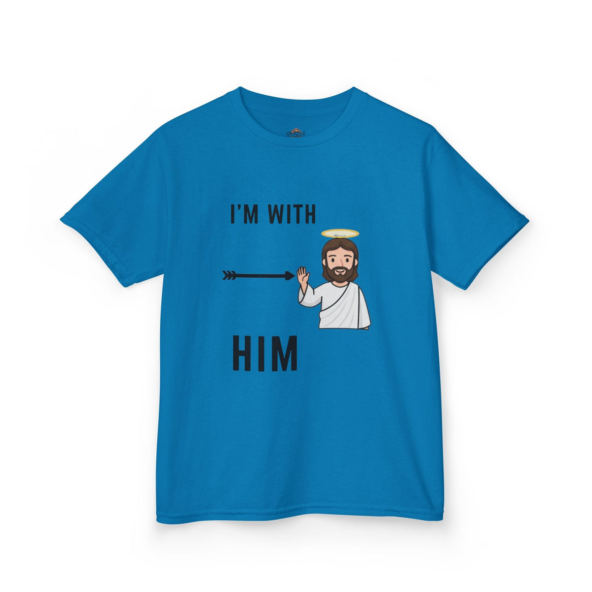 🔥 I’m With Him → Christian Kids T-Shirt | Arrow Pointing to Jesus | Minimalist Faith Tee | Subtle Cross Design | Bible-Inspired Apparel by Uplifted Gear Printify