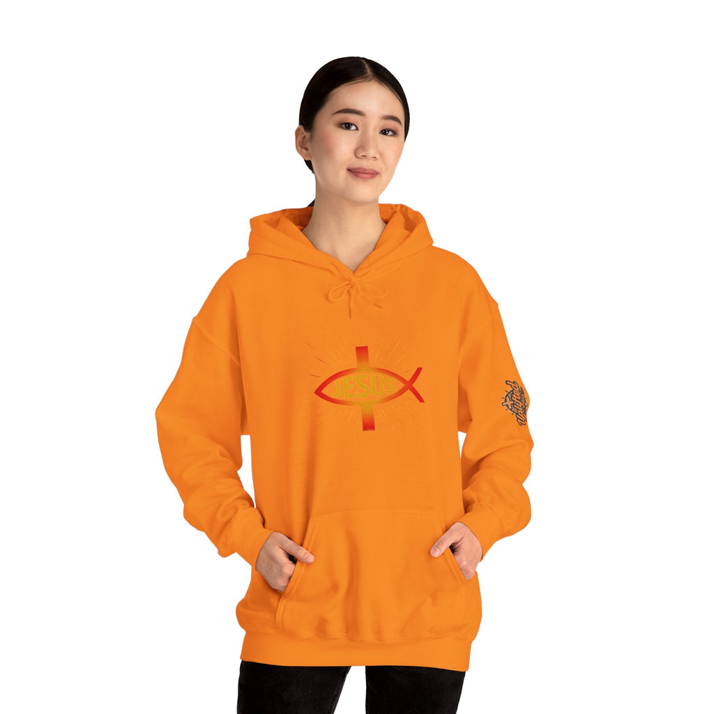 Jesus Ichthys Hoodie – Christian Fish Symbol with Cross & Jesus Inscription Sweatshirt for Eternal Faith & Streetwear Printify