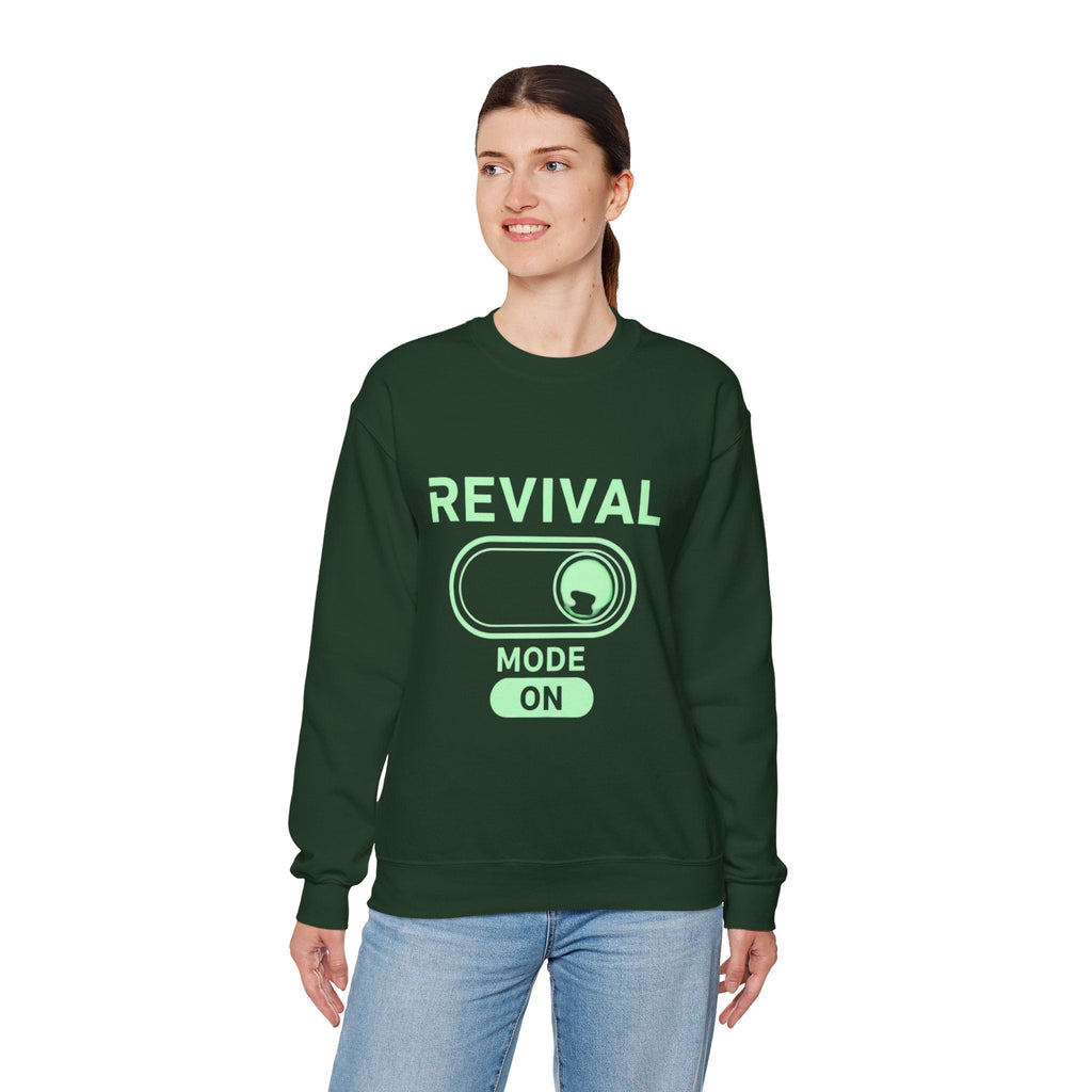 🔥 Revival Mode: ON – Christian Techwear Sweatshirt | Glowing Green Faith Switch | Futuristic Jesus Shirt | Activate Your Spiritual Awakening | Uplifted Gear Printify
