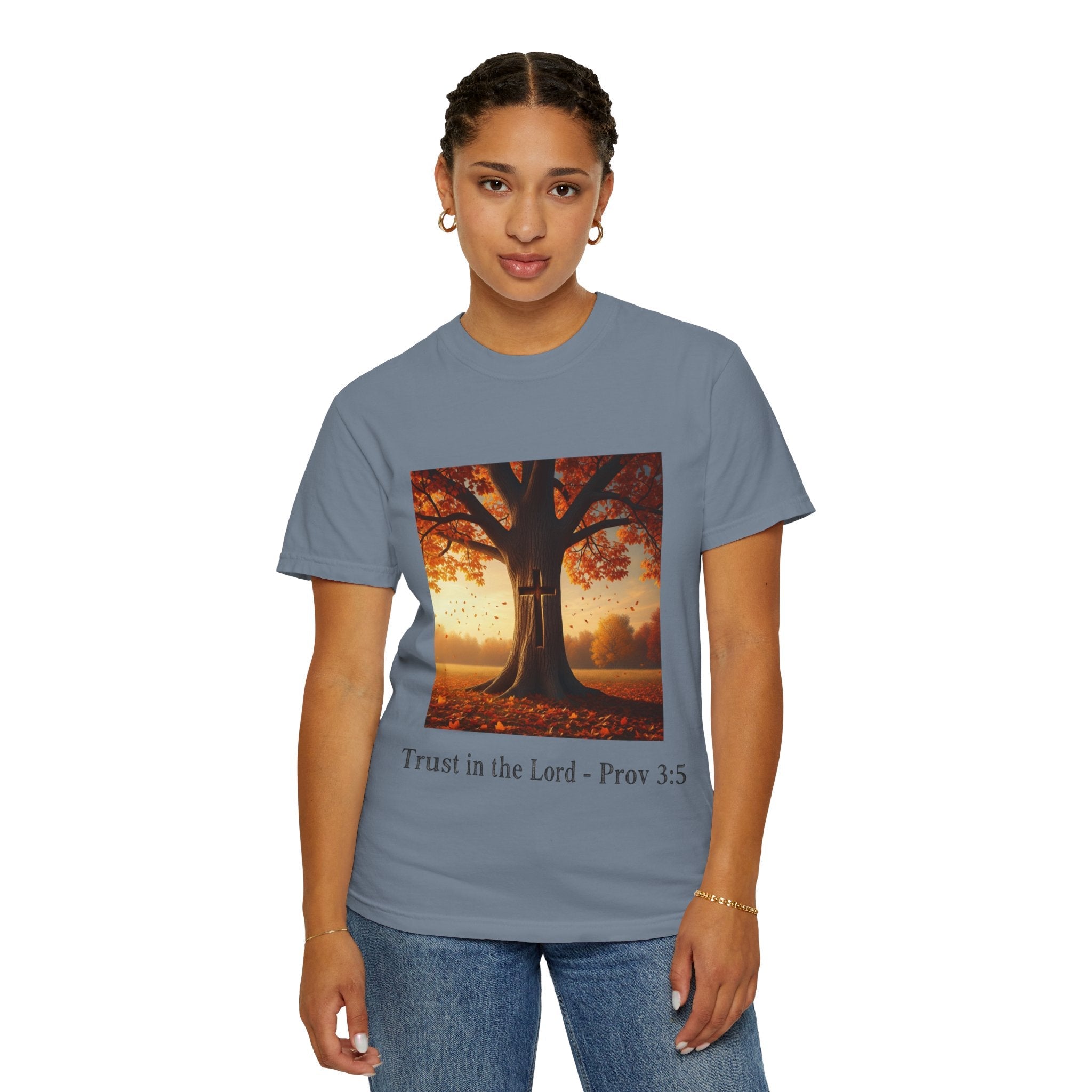 Trust in the Lord T-Shirt – Autumn Tree Christian Tee with Proverbs 3:5 Printify