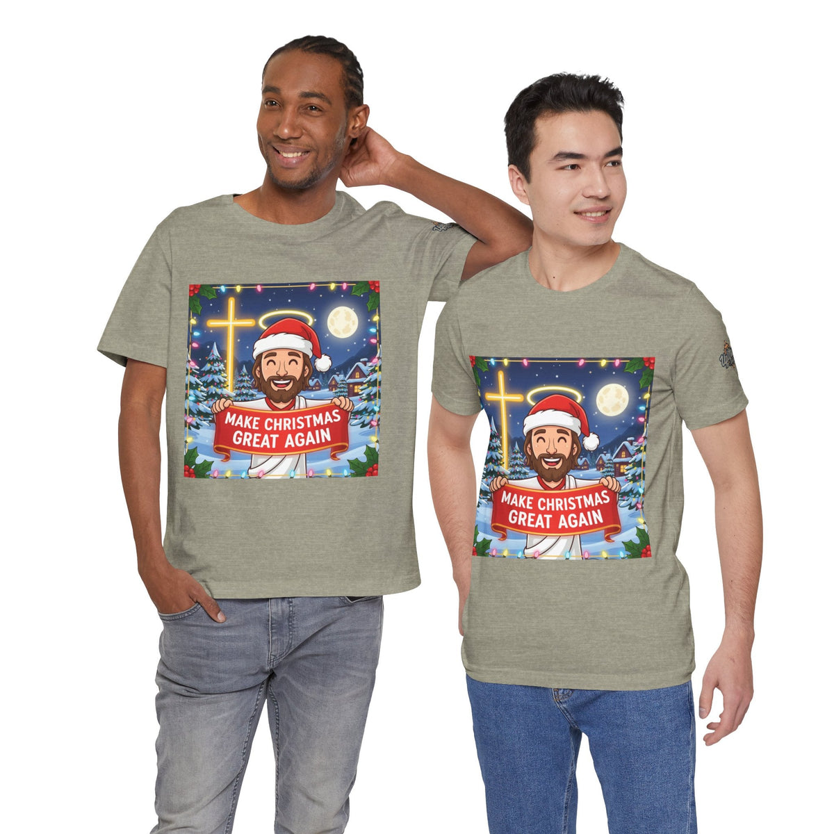 🎄 Make Christmas Great Again – Funny Christian T-Shirt | Jesus Holding Banner | Faith-Based Holiday Parody Tee | Uplifted Gear Printify