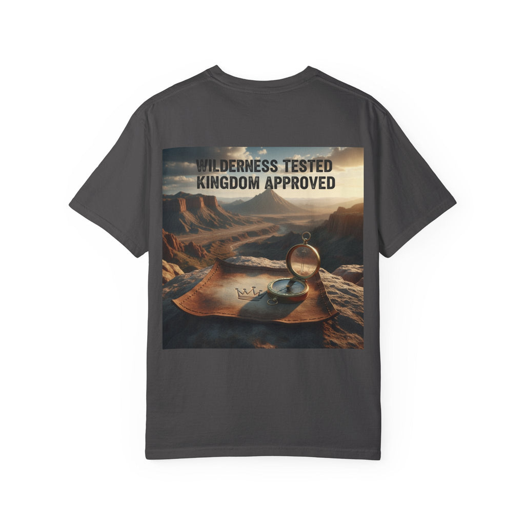 Wilderness Tested Kingdom Approved T-shirt – Mountain Desert Compass Crown Christian T-shirt for Biblical Adventure Faith Printify