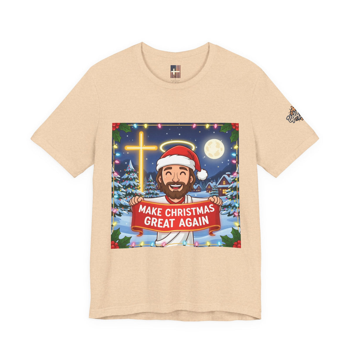 🎄 Make Christmas Great Again – Funny Christian T-Shirt | Jesus Holding Banner | Faith-Based Holiday Parody Tee | Uplifted Gear Printify