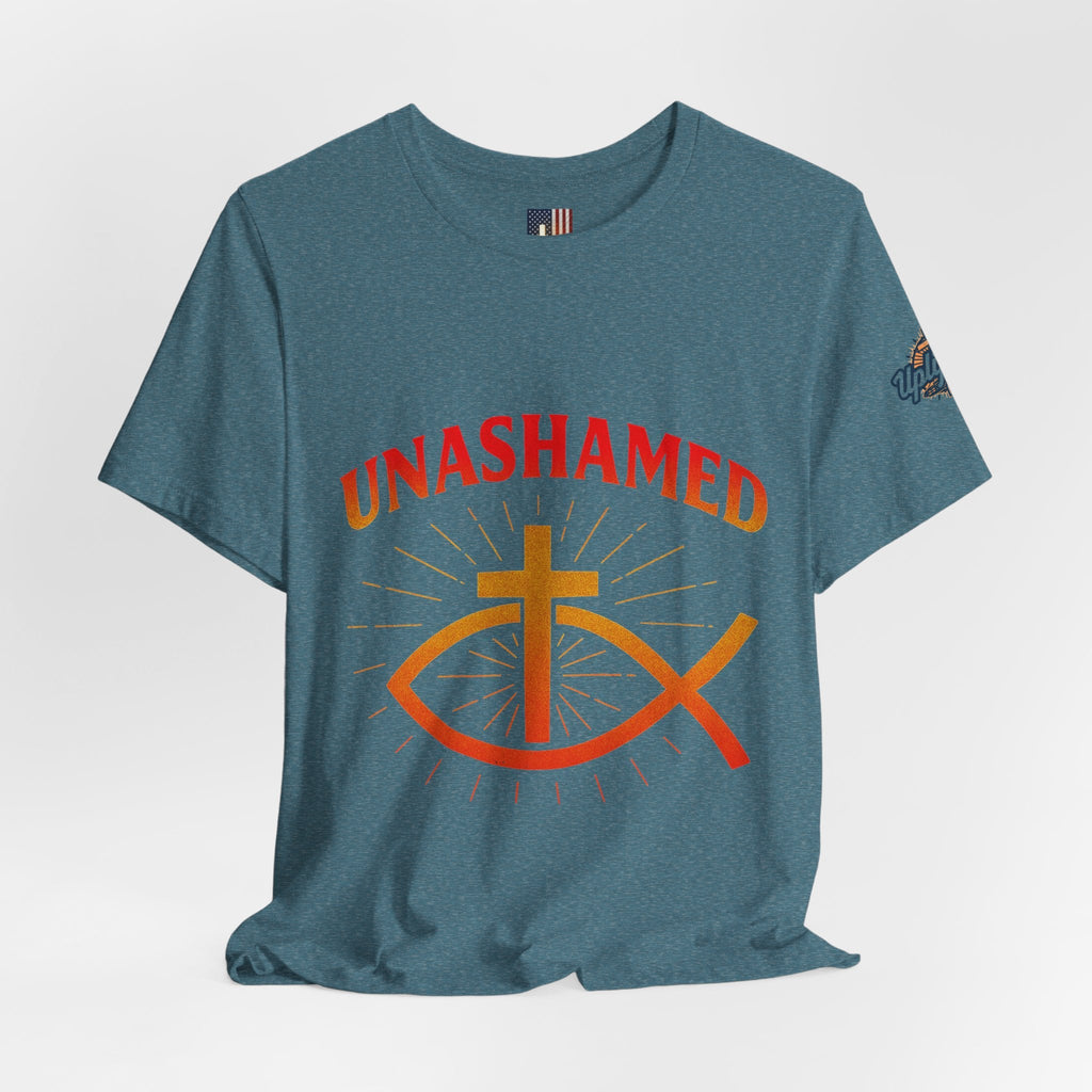 Unashamed T-shirt – Ichthys Jesus Fish & Cross Christian T-shirt for Romans 1:16 Bold Faith Printify