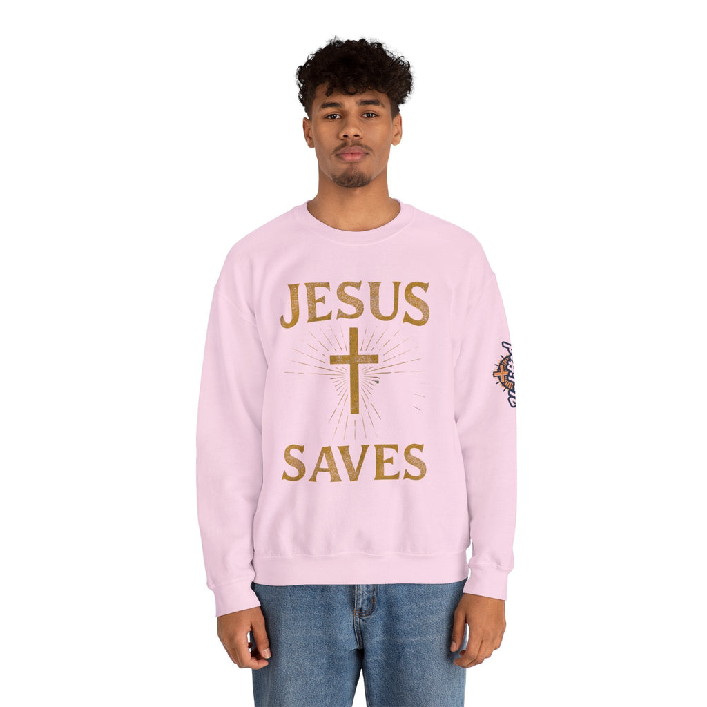 Jesus Saves Sweatshirt – Radiant Cross & Rays of Light Christian Sweatshirt for Eternal Hope & Faith Printify