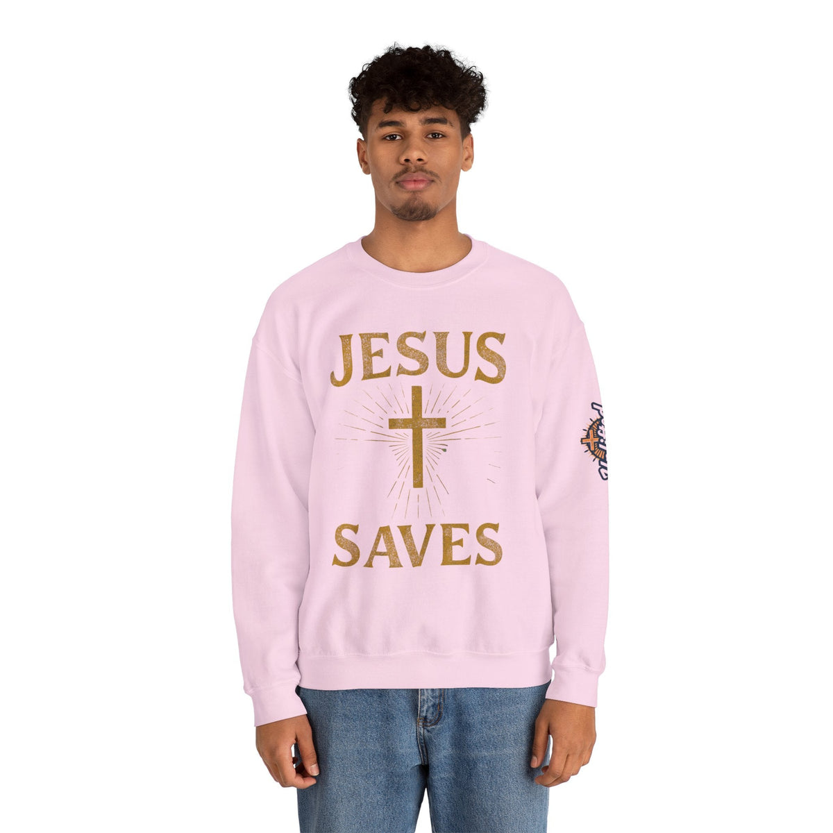 Jesus Saves Sweatshirt – Radiant Cross & Rays of Light Christian Sweatshirt for Eternal Hope & Faith Printify