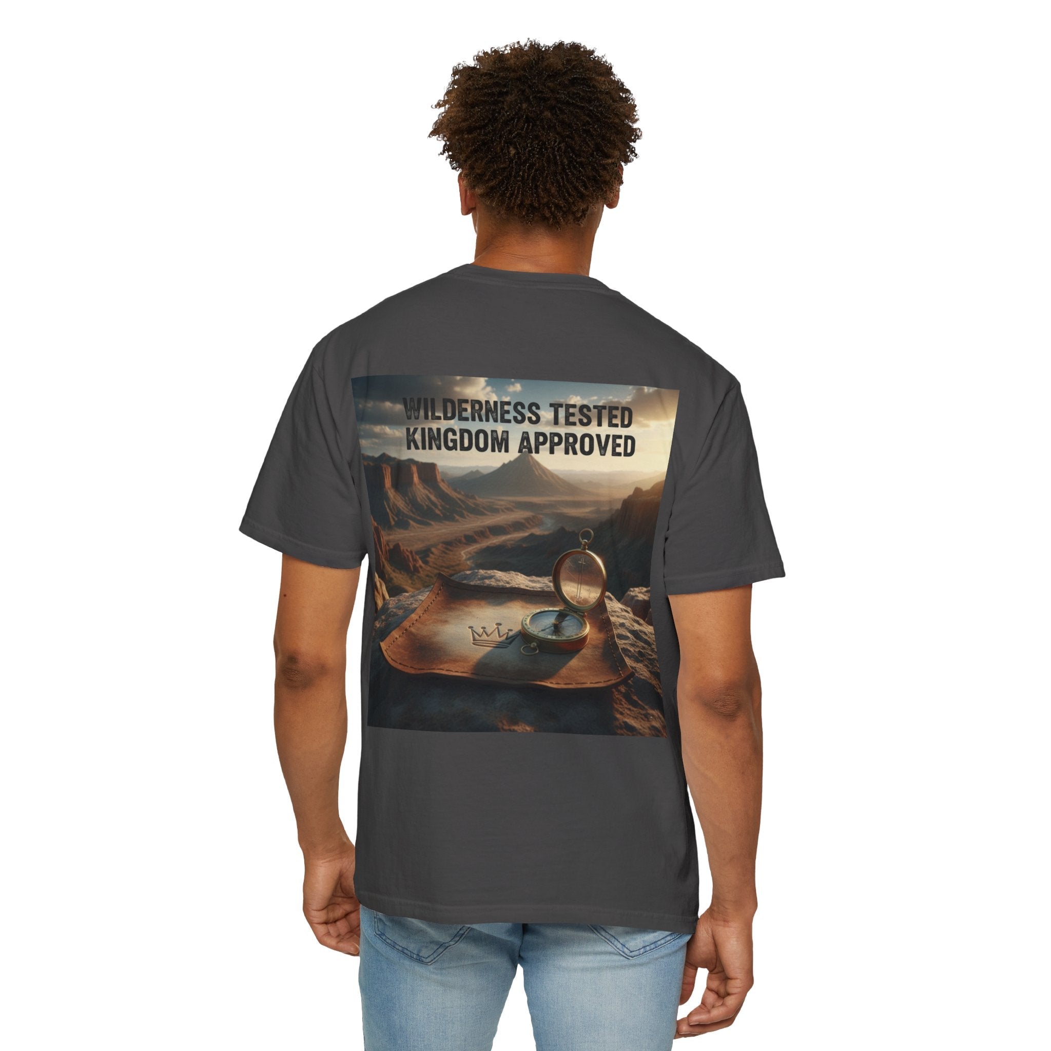 Wilderness Tested Kingdom Approved T-shirt – Mountain Desert Compass Crown Christian T-shirt for Biblical Adventure Faith Printify