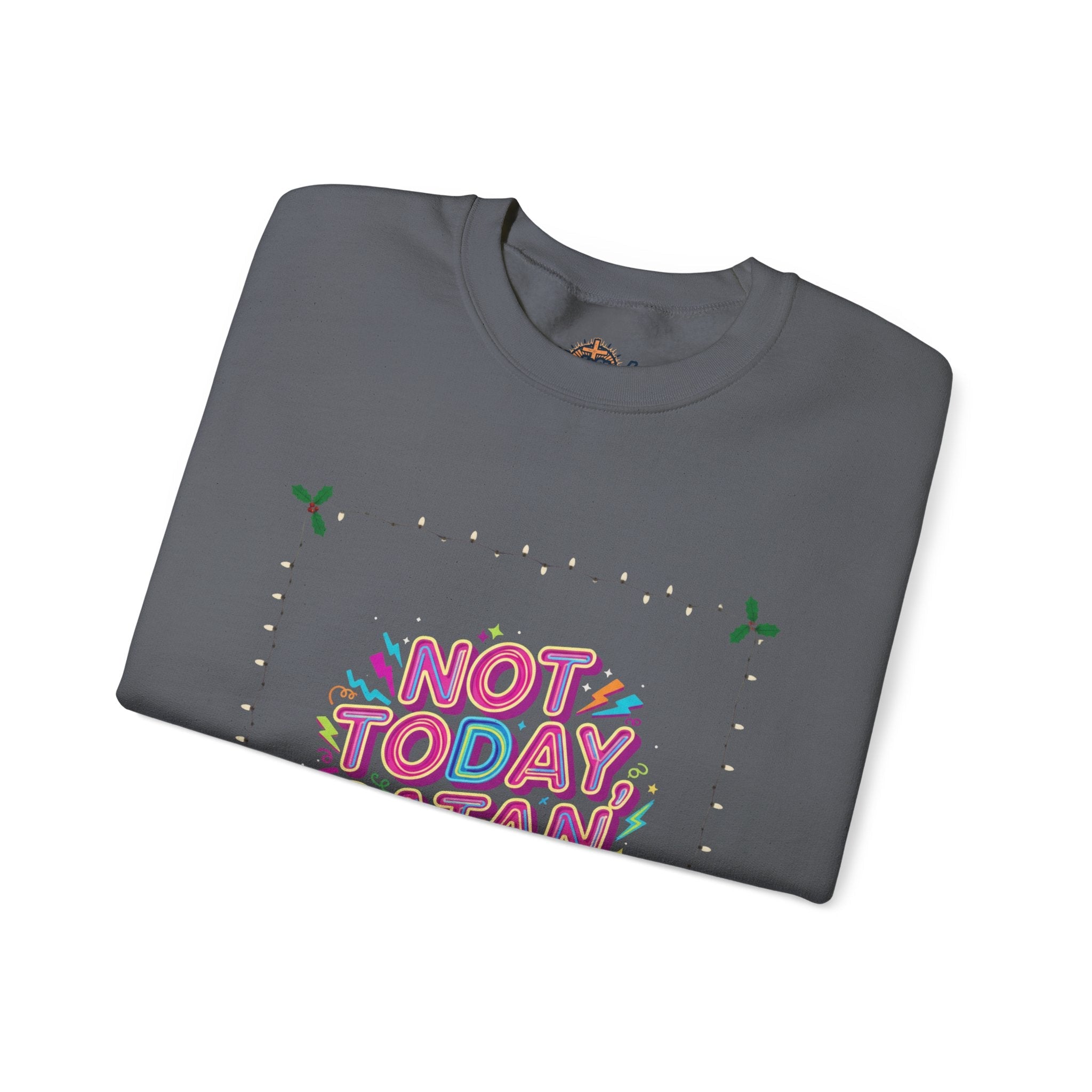 🔥 Not Today, Satan – Retro 90s Christian Sweatshirt | Neon Faith Tee | Funky Cartoon Devil | Bold Bible Verse Shirt | Uplifted Gear Printify