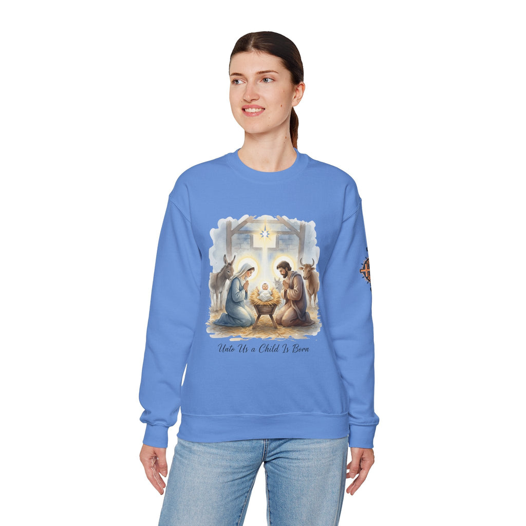 Unto Us a Child is Born Sweatshirt – Isaiah 9:6 Nativity Manger Scene Christian Christmas Sweatshirt for Holy Night Faith Printify