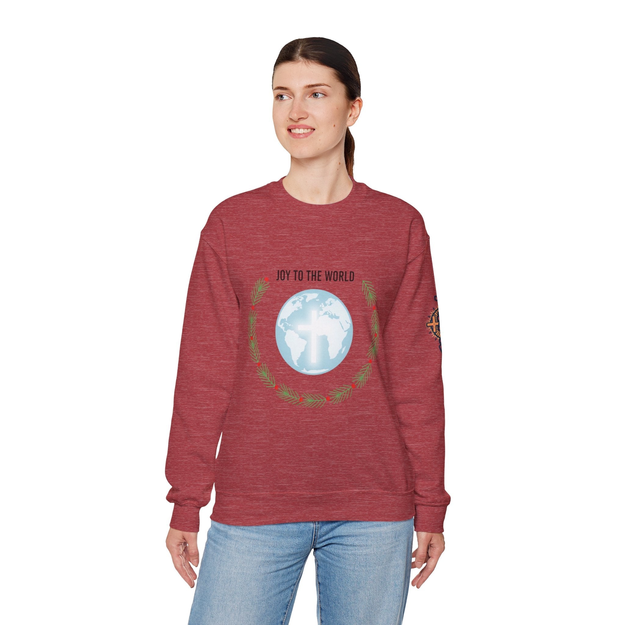 Joy to the World Sweatshirt – Wreath Earth Nativity Christian Christmas Sweatshirt for Isaiah 9:6 Holiday Faith & Festive Joy Printify