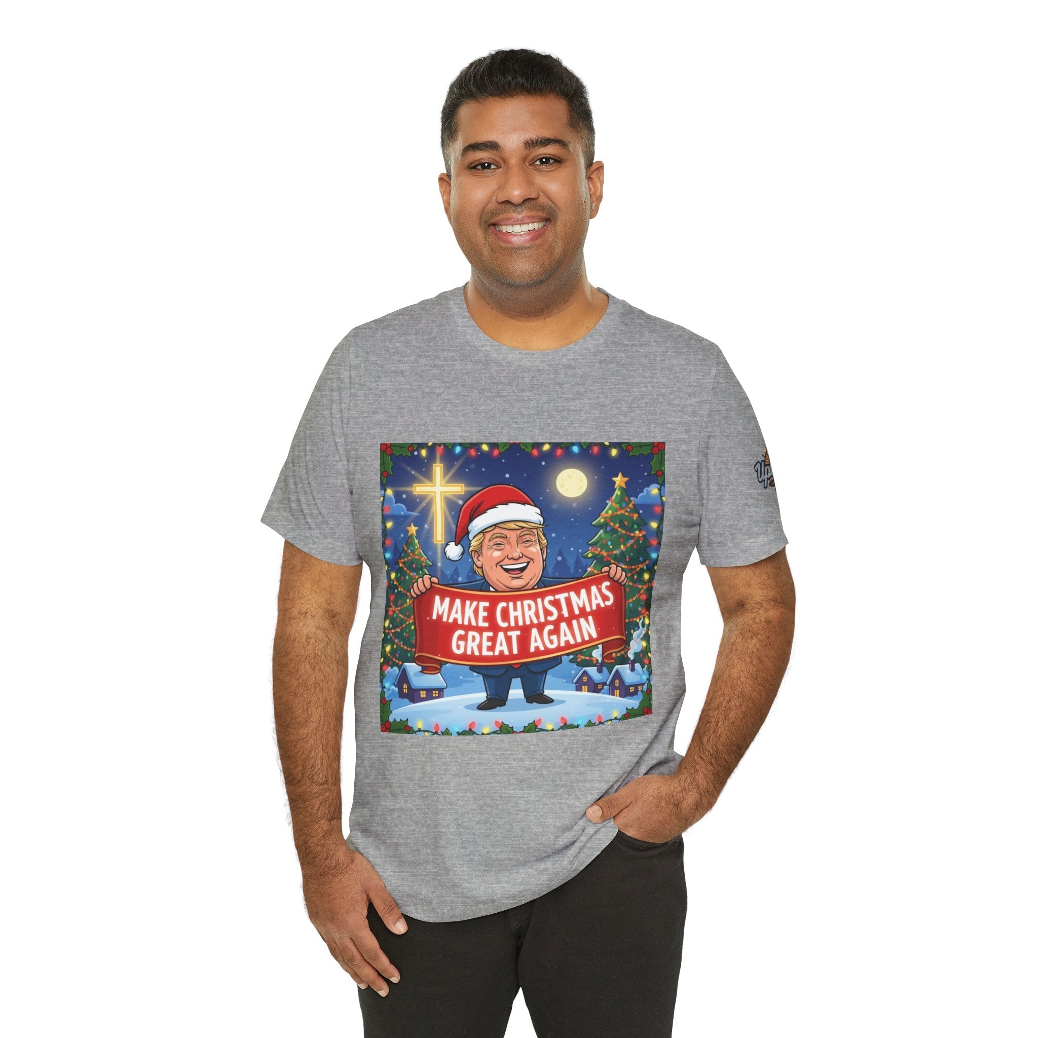 🎄 Make Christmas Great Again – Patriotic Christian Christmas T-Shirt | Bold Holiday Faith Tee | Red & White Banner Design | Uplifted Gear Printify