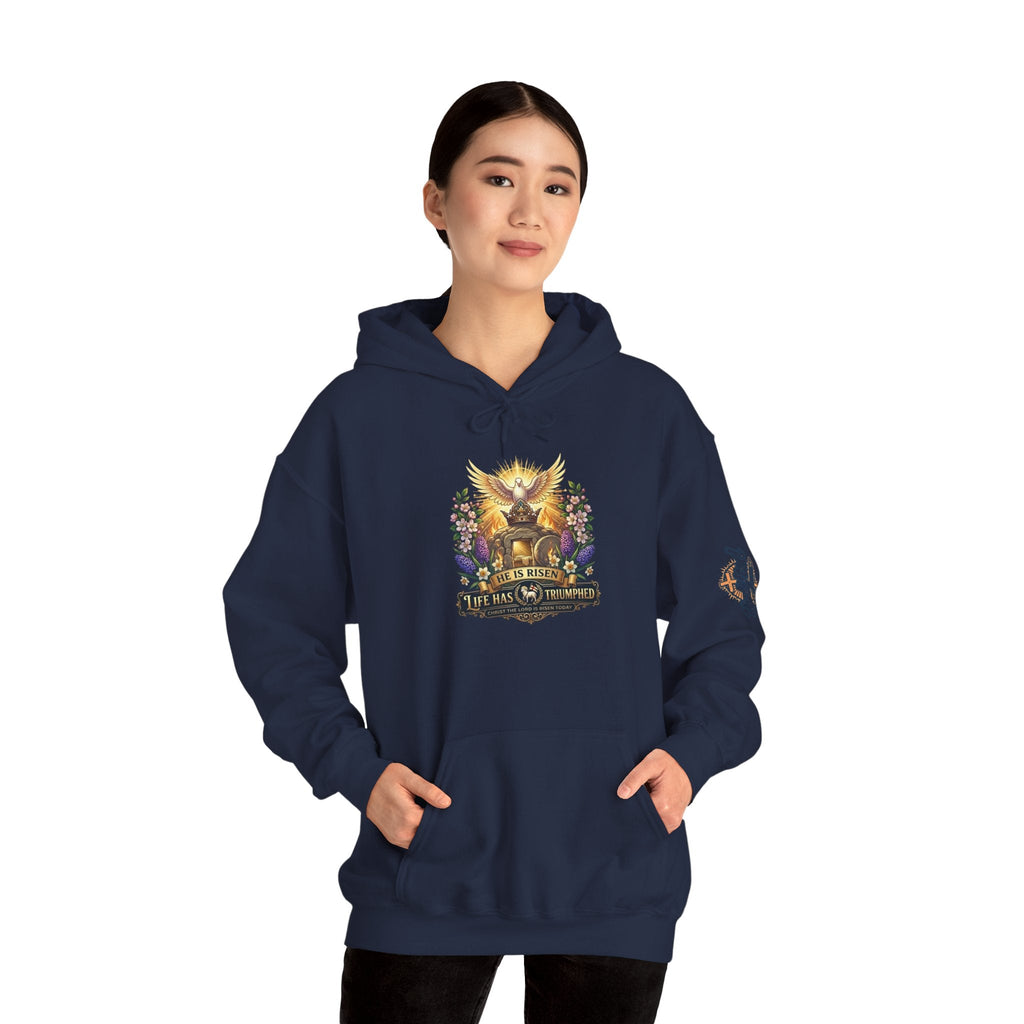 He Is Risen "Life Has Triumphed" Hoodie — Easter Resurrection Christian Hoodie Printify