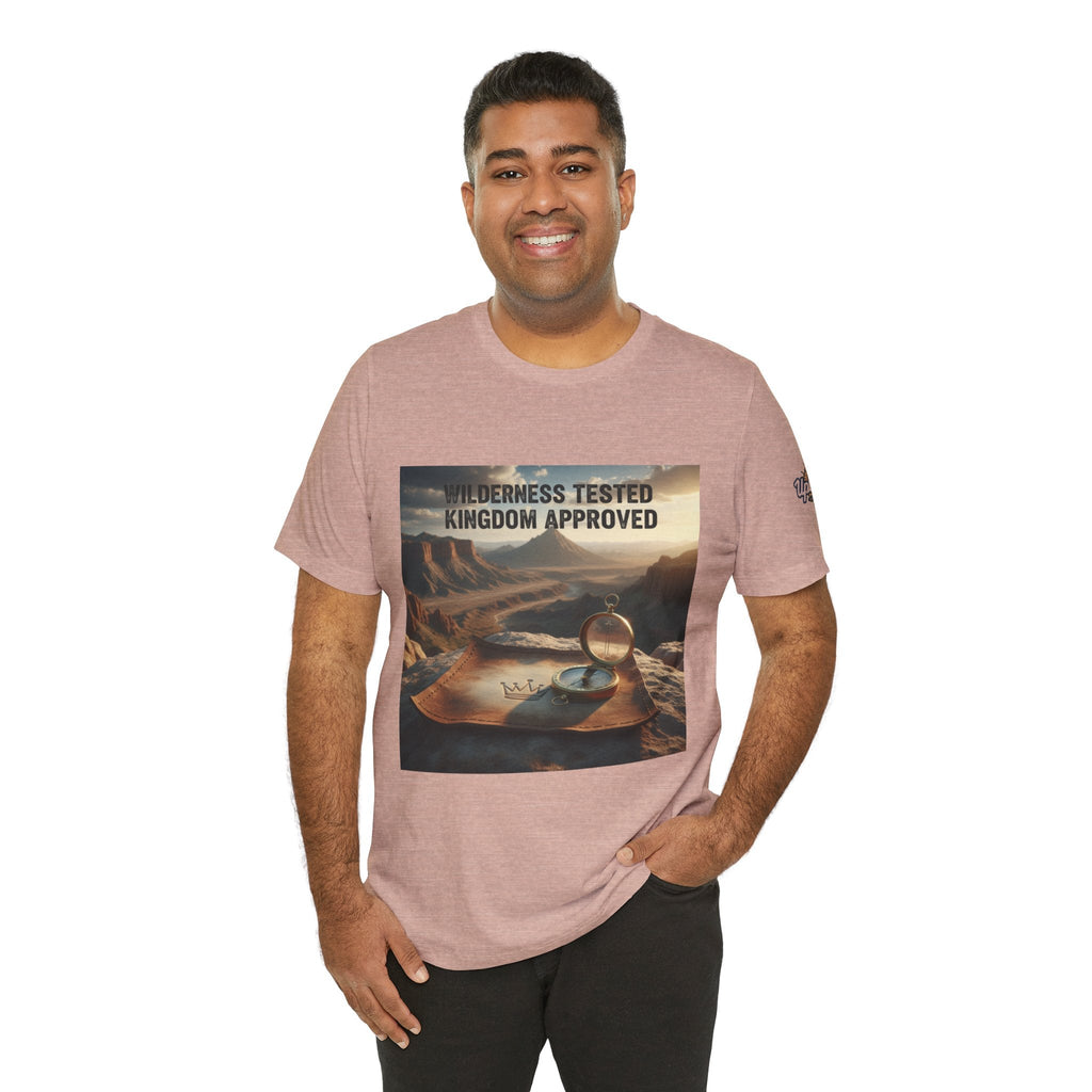 Wilderness Tested Kingdom Approved T-shirt – Mountain Desert Compass Crown Christian T-shirt for Biblical Adventure Faith Printify