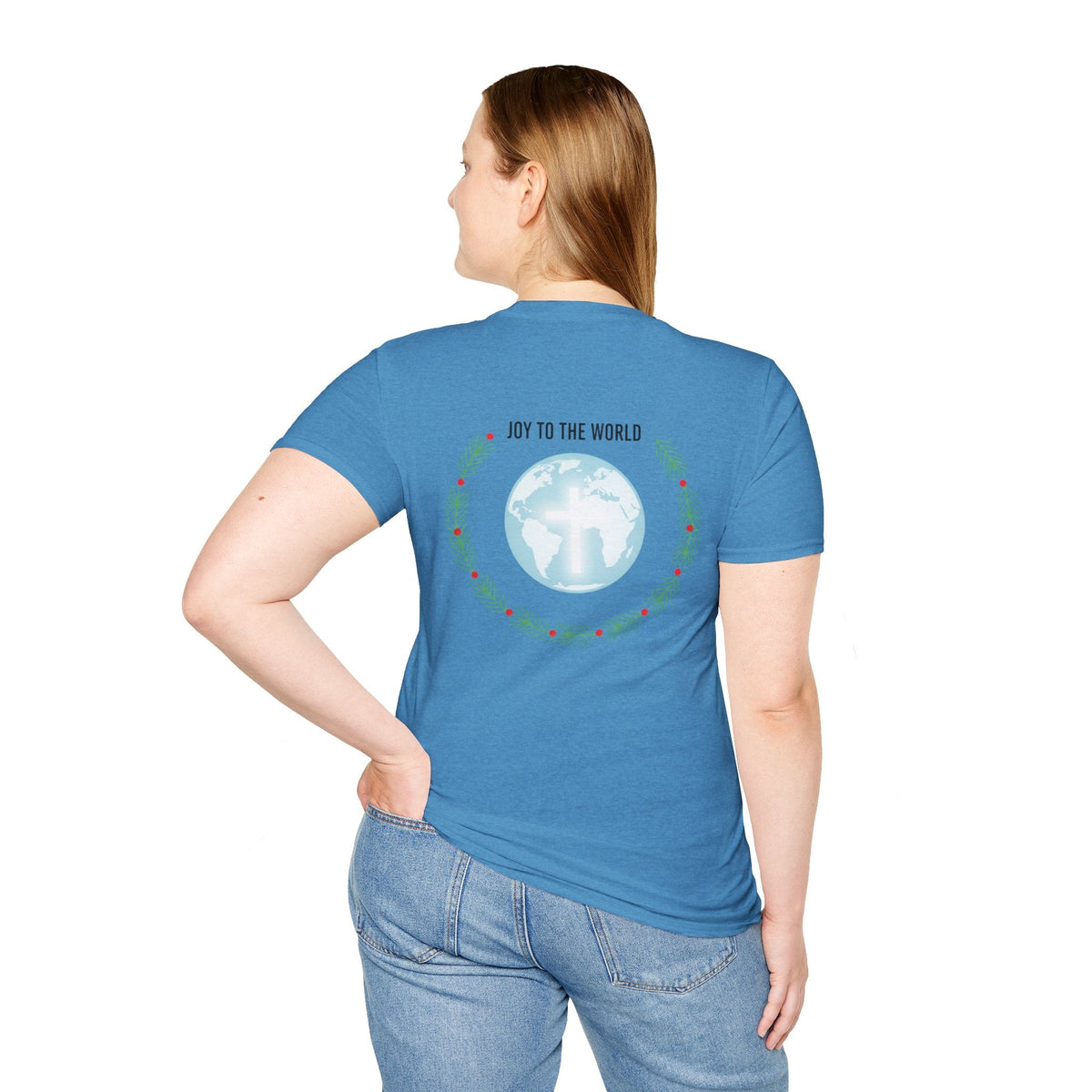 Joy to the World T-shirt – Wreath Earth Nativity Christian Christmas T-shirt for Isaiah 9:6 Holiday Faith & Festive Joy Printify