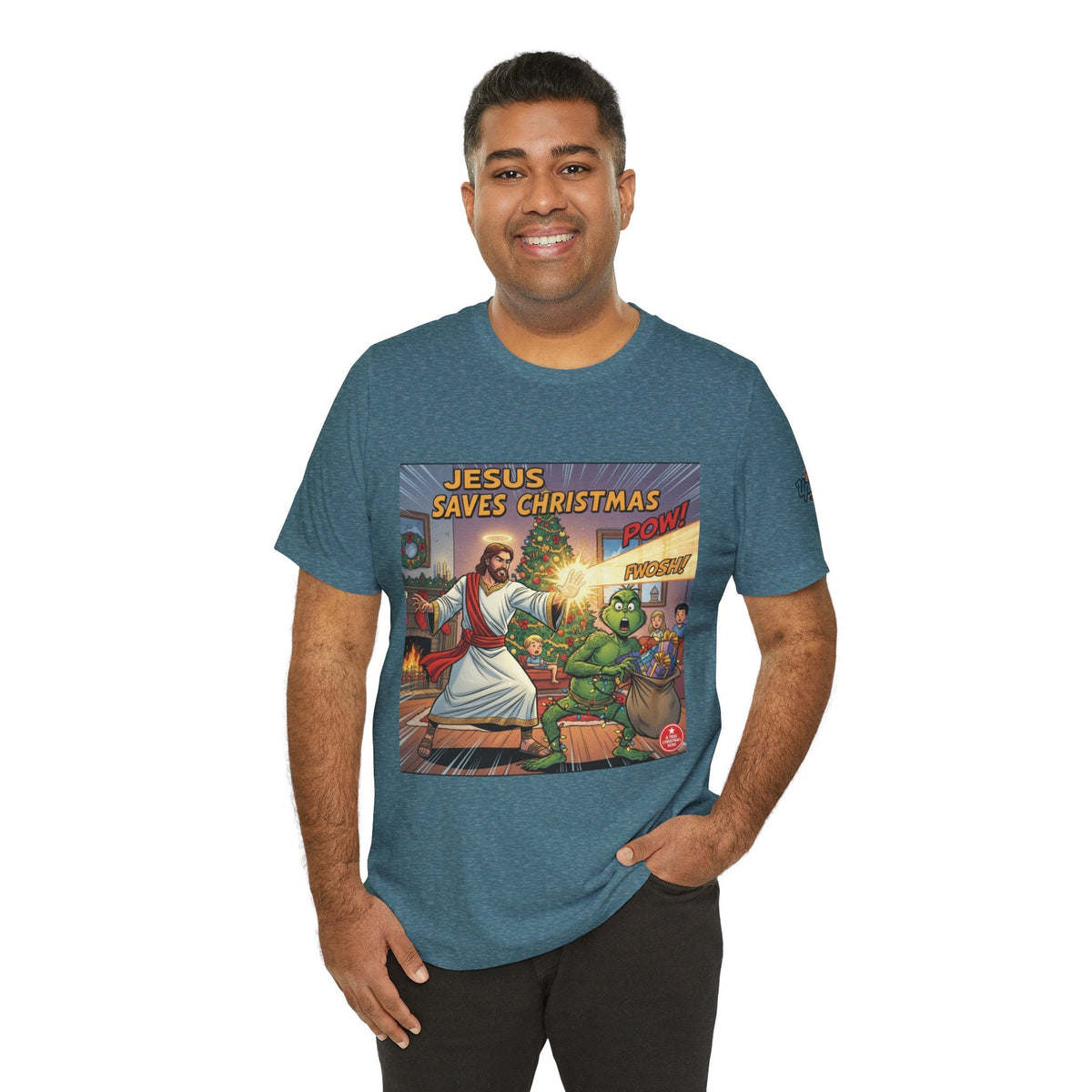 Jesus Saves Christmas T-shirt – Grinch vs Savior Light Battle Christian T-shirt for Hilarious Holiday Faith & True Joy Printify