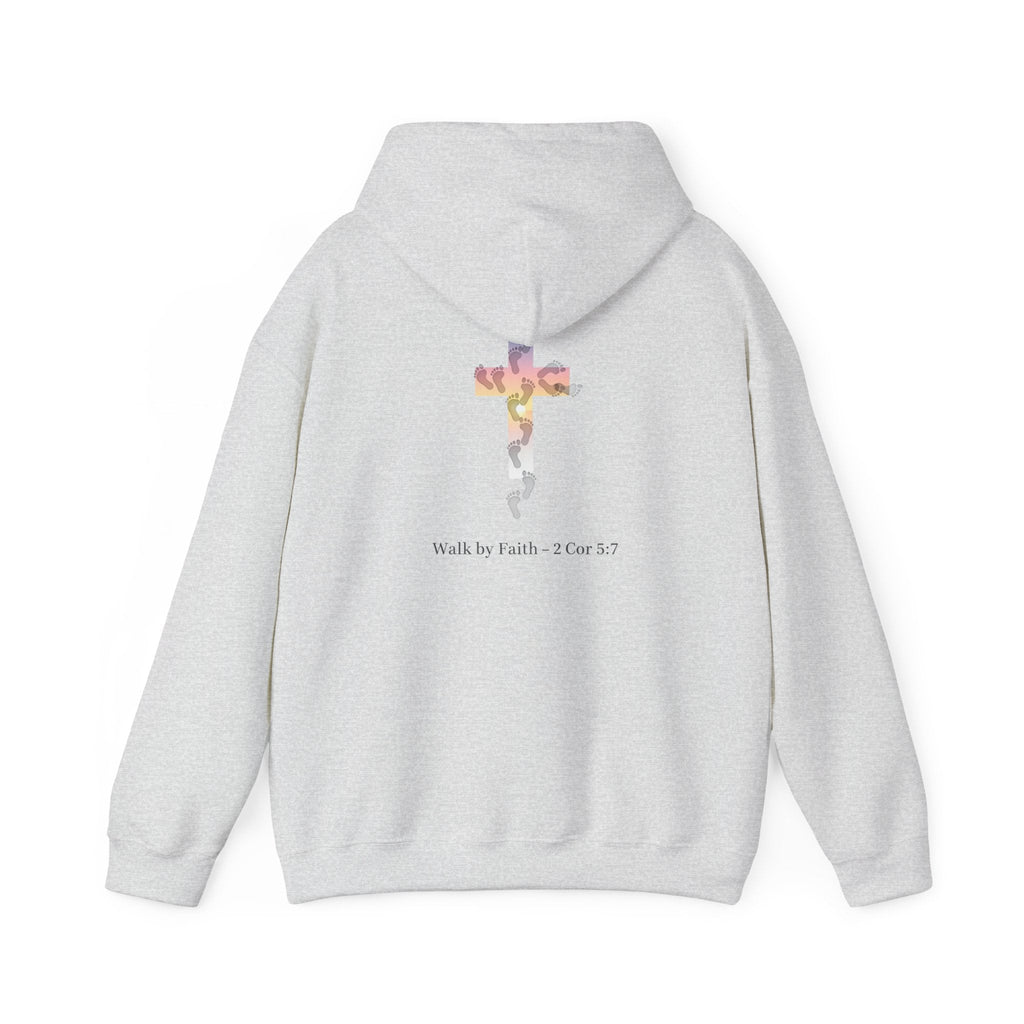 Walk by Faith Hoodie – Cross & Footprints Christian Hoodie for Cozy Inspiration Printify